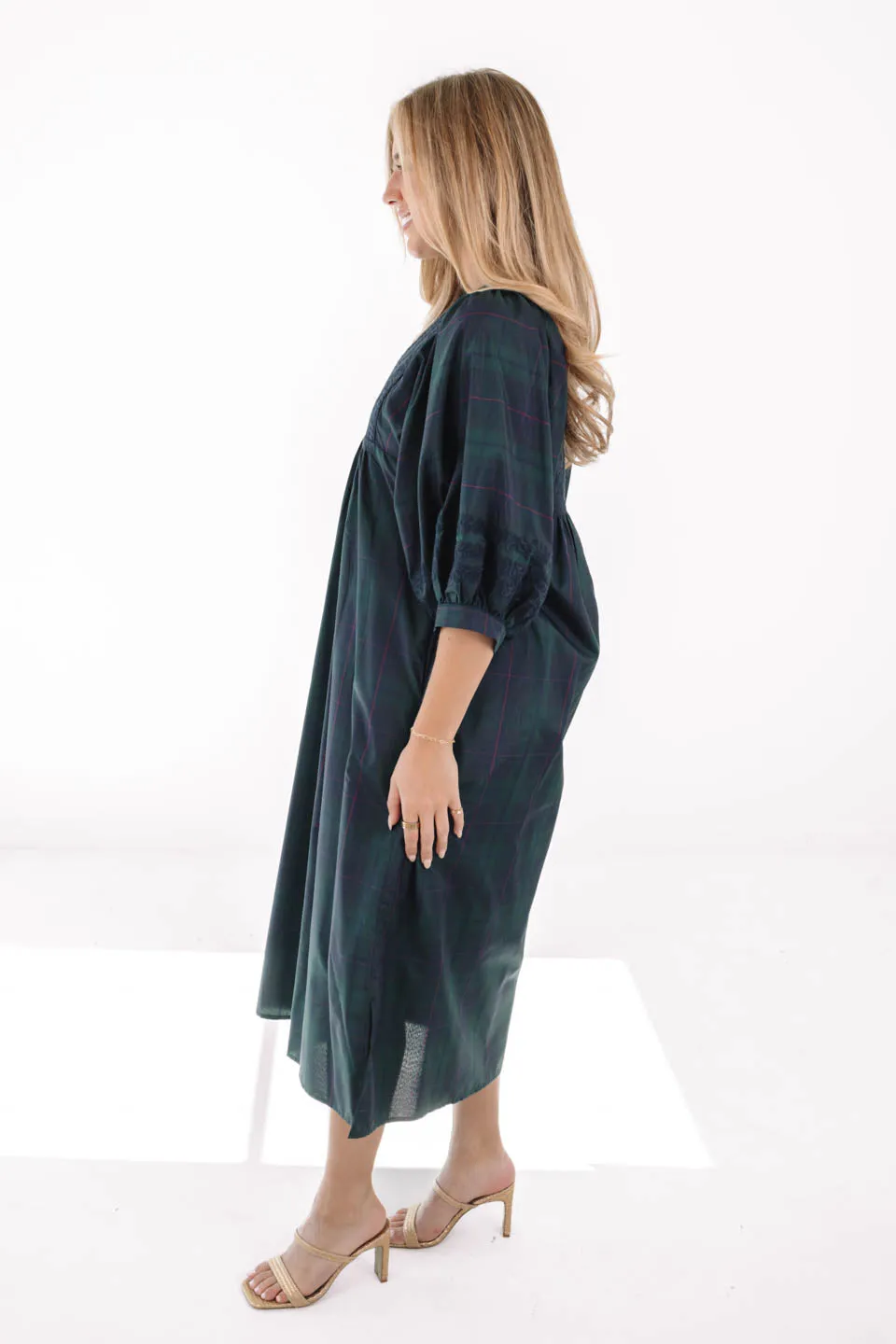 The Katrina Puff Sleeve Midi Dress - Green Plaid