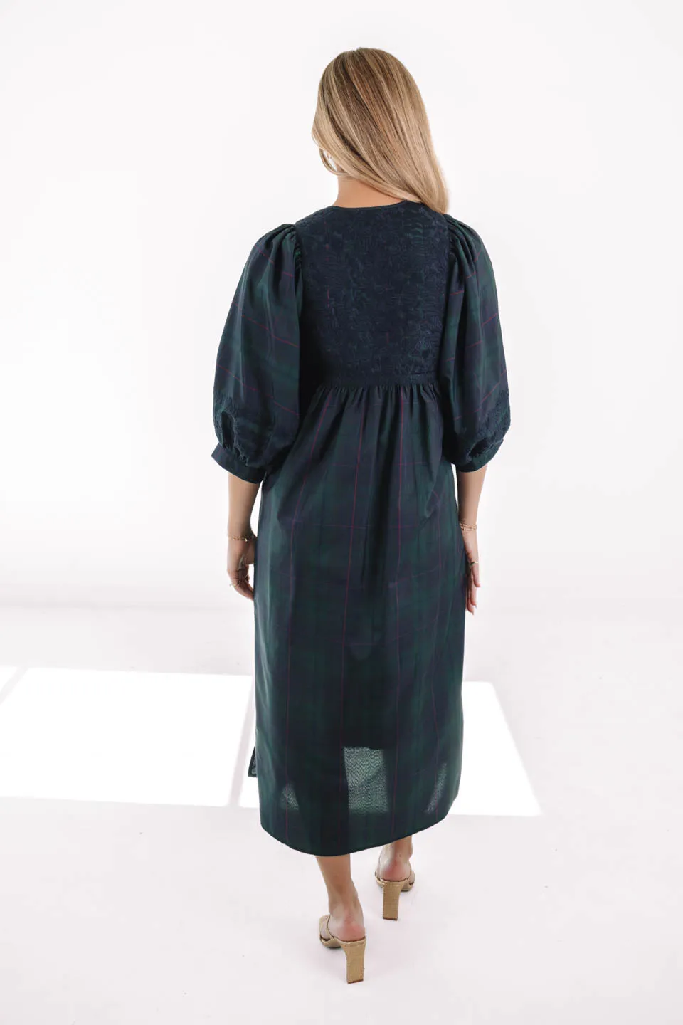 The Katrina Puff Sleeve Midi Dress - Green Plaid