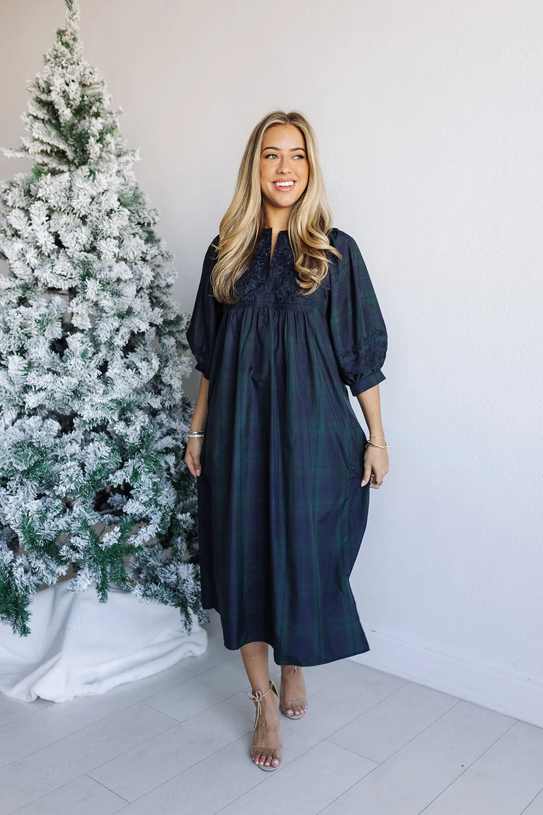 The Katrina Puff Sleeve Midi Dress - Green Plaid