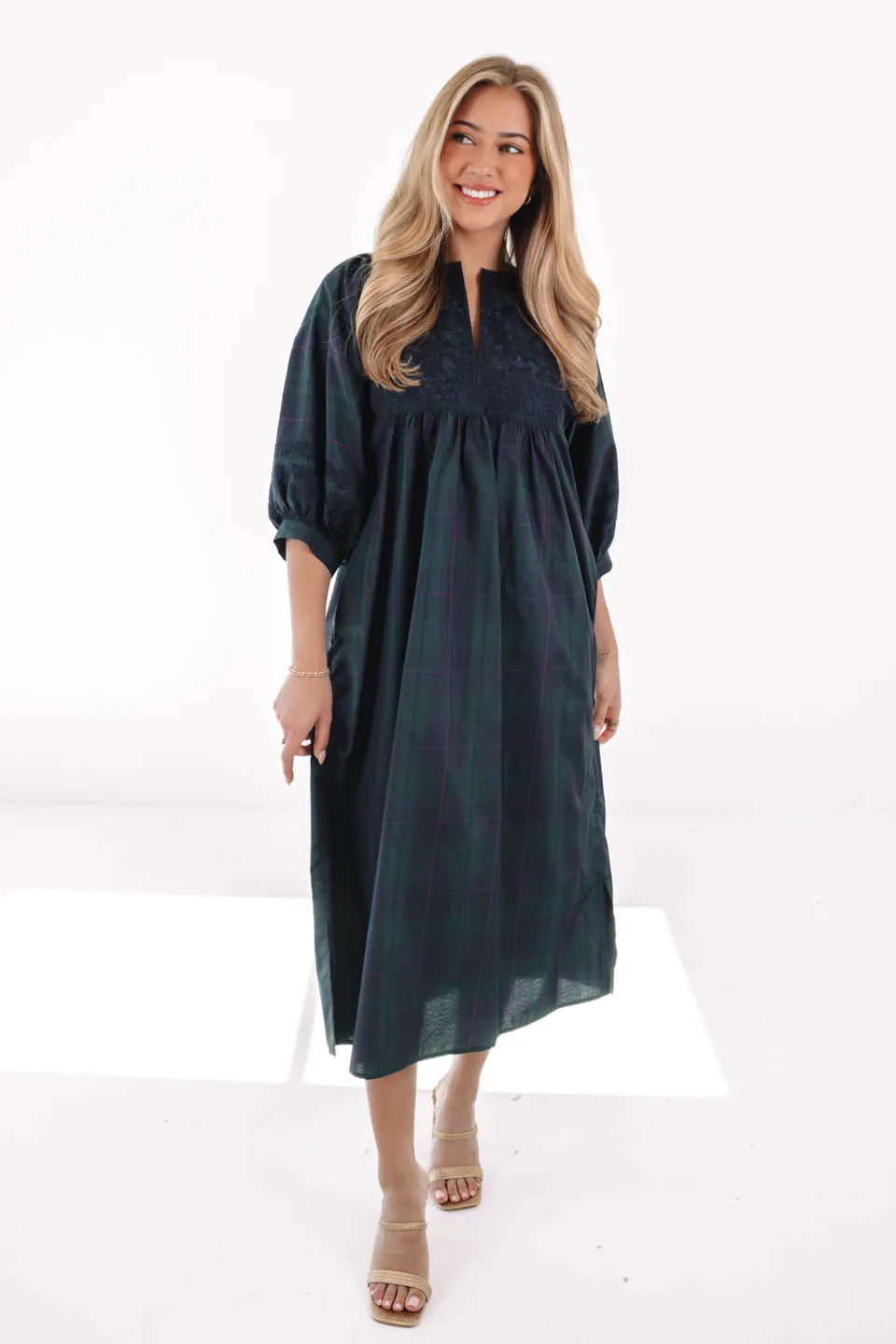 The Katrina Puff Sleeve Midi Dress - Green Plaid