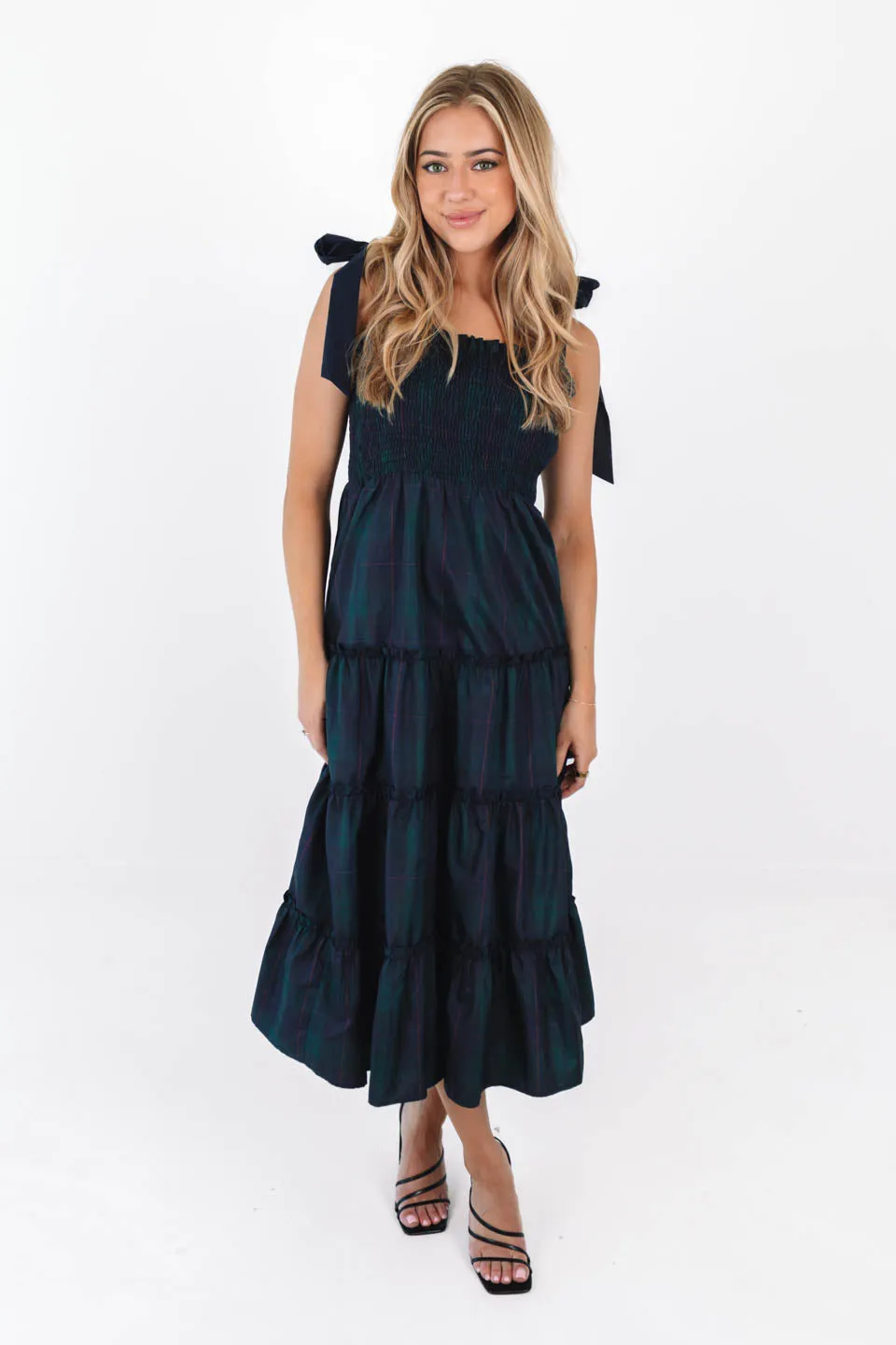 The Katrina Tie Strap Midi Dress - Green Plaid