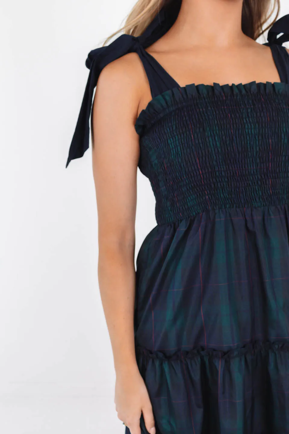 The Katrina Tie Strap Midi Dress - Green Plaid