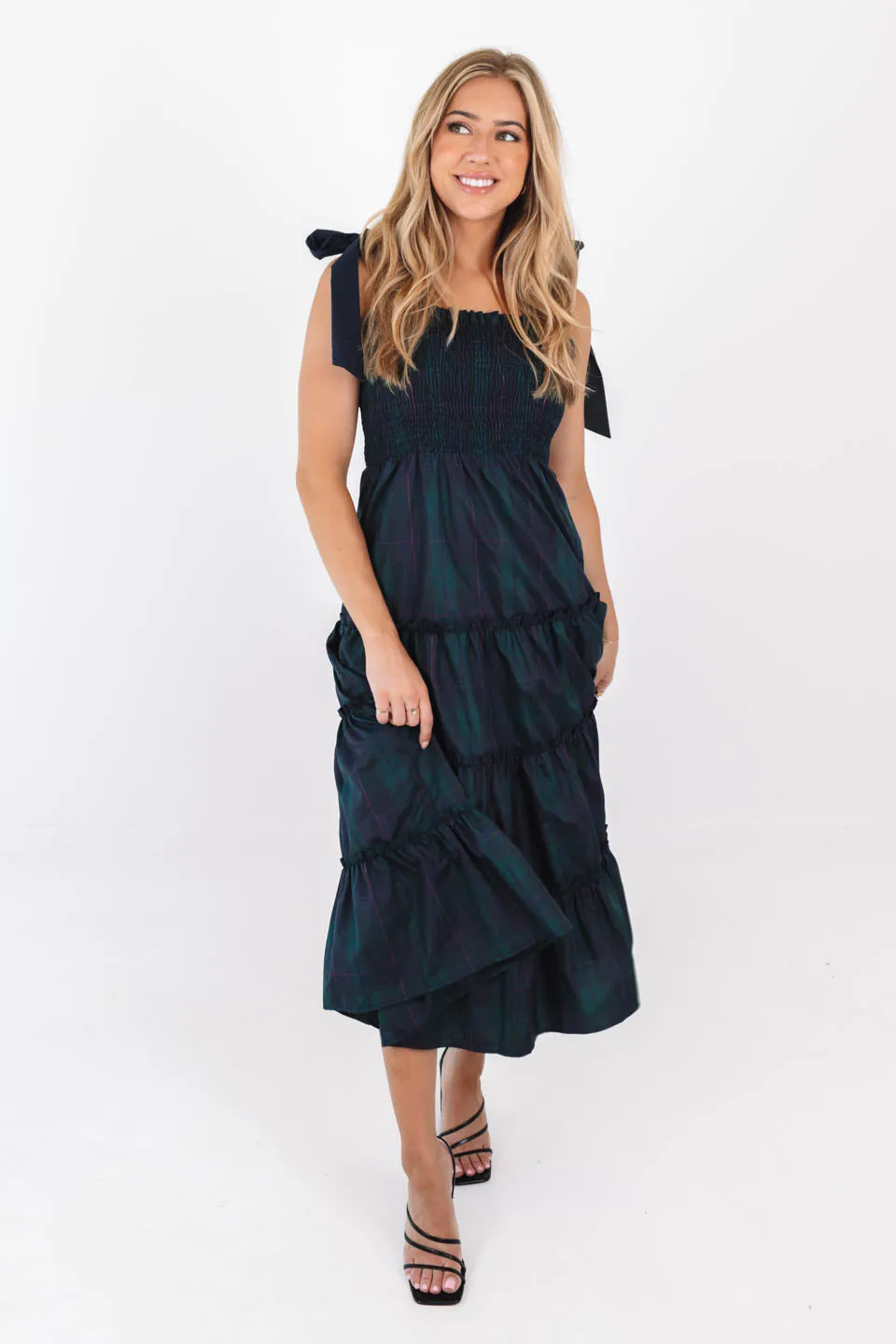 The Katrina Tie Strap Midi Dress - Green Plaid