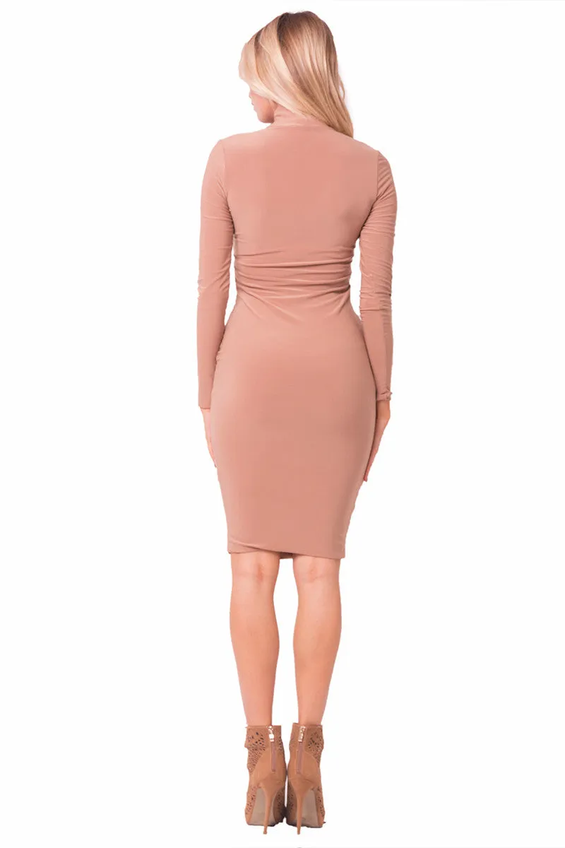 THE MYSTYLEMODE NUDE ESSENTIAL DOUBLE LINED MOCK NECK MIDI DRESS