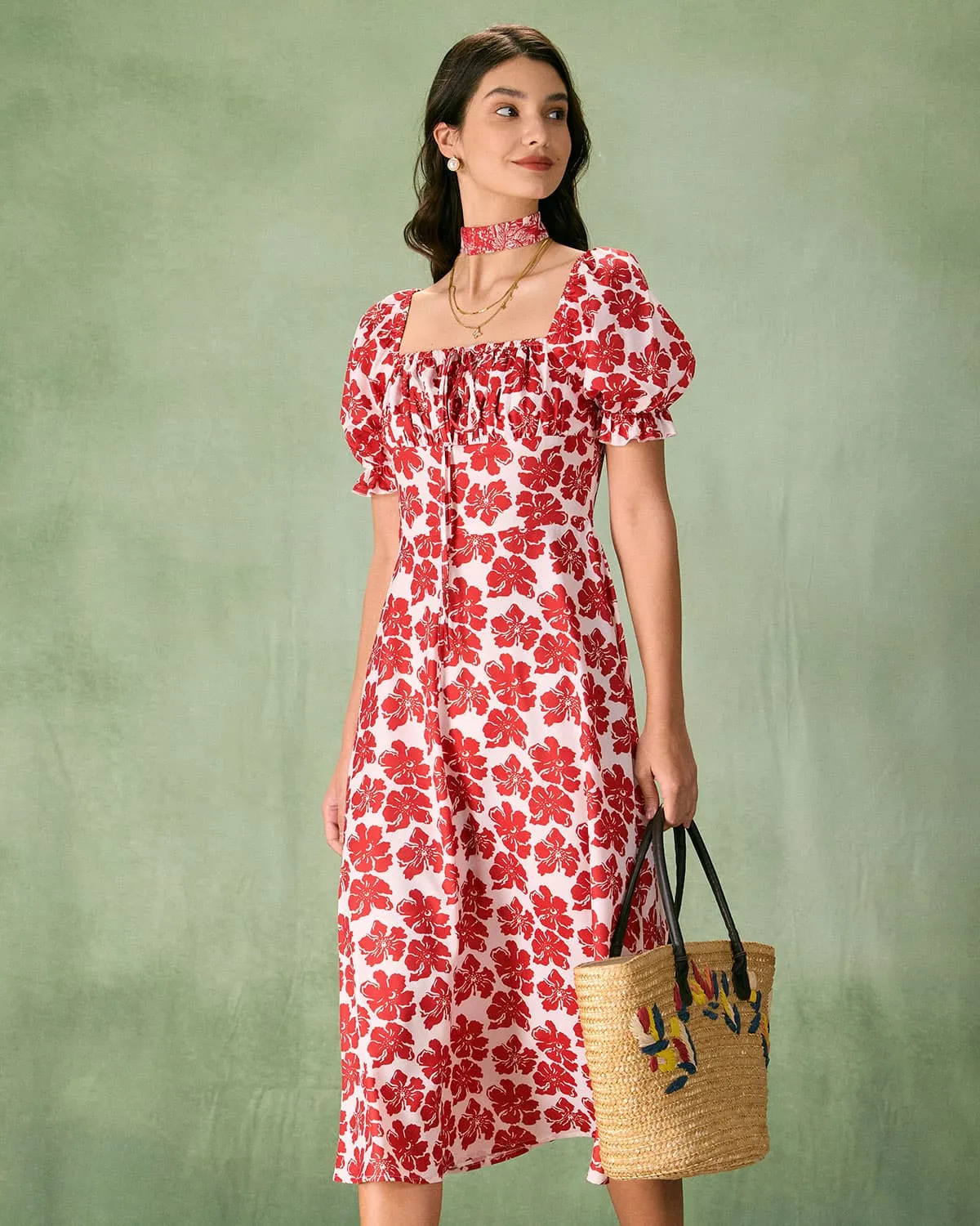 The Red Square Neck Floral Ruched Midi Dress