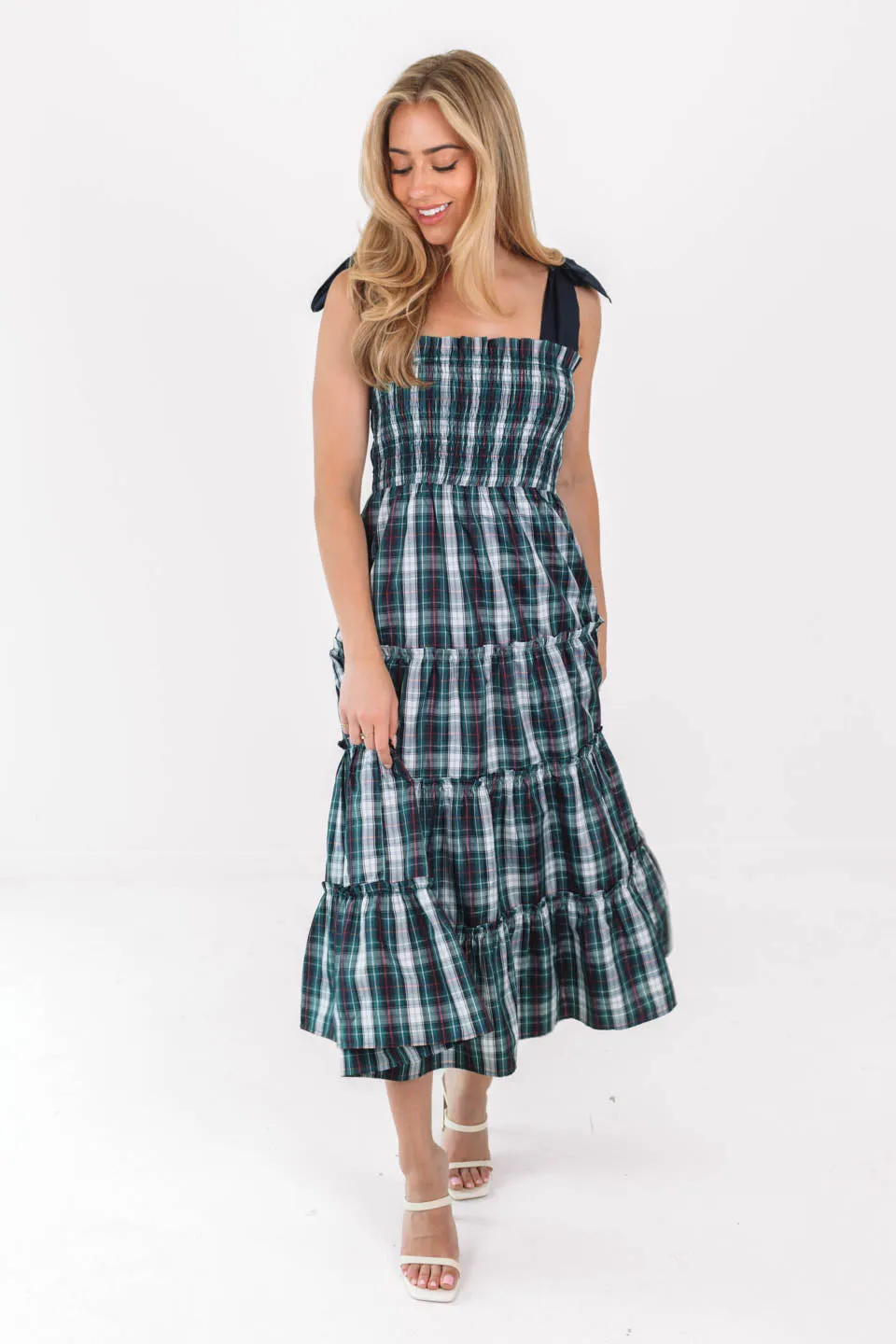 The Shelley Tie Strap Midi Dress - Navy Plaid