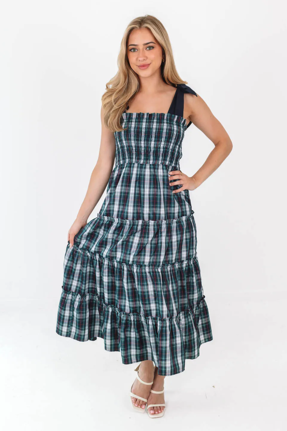 The Shelley Tie Strap Midi Dress - Navy Plaid