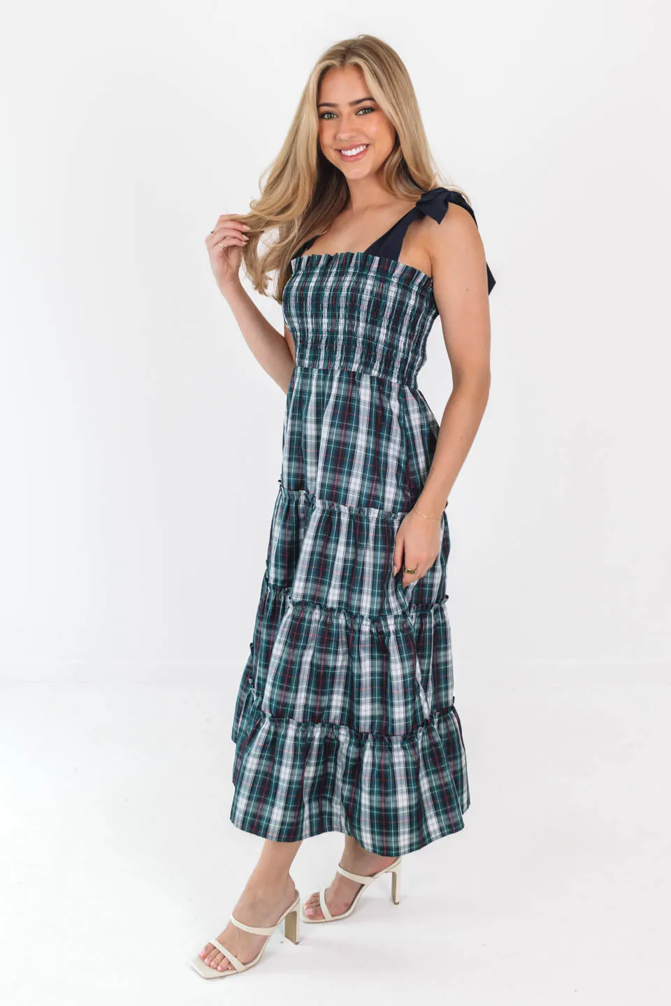 The Shelley Tie Strap Midi Dress - Navy Plaid