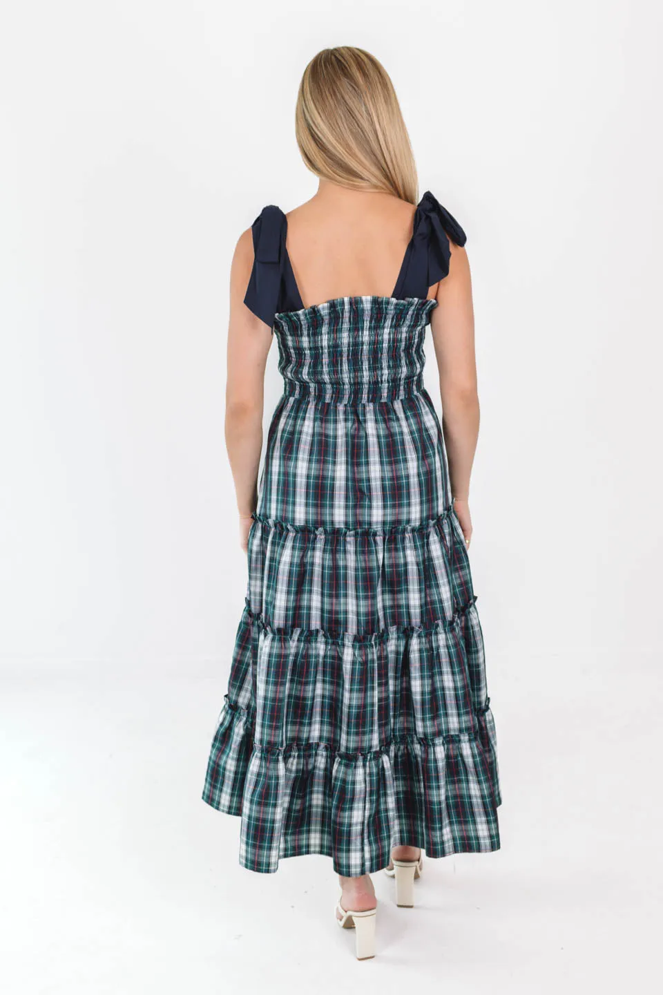 The Shelley Tie Strap Midi Dress - Navy Plaid