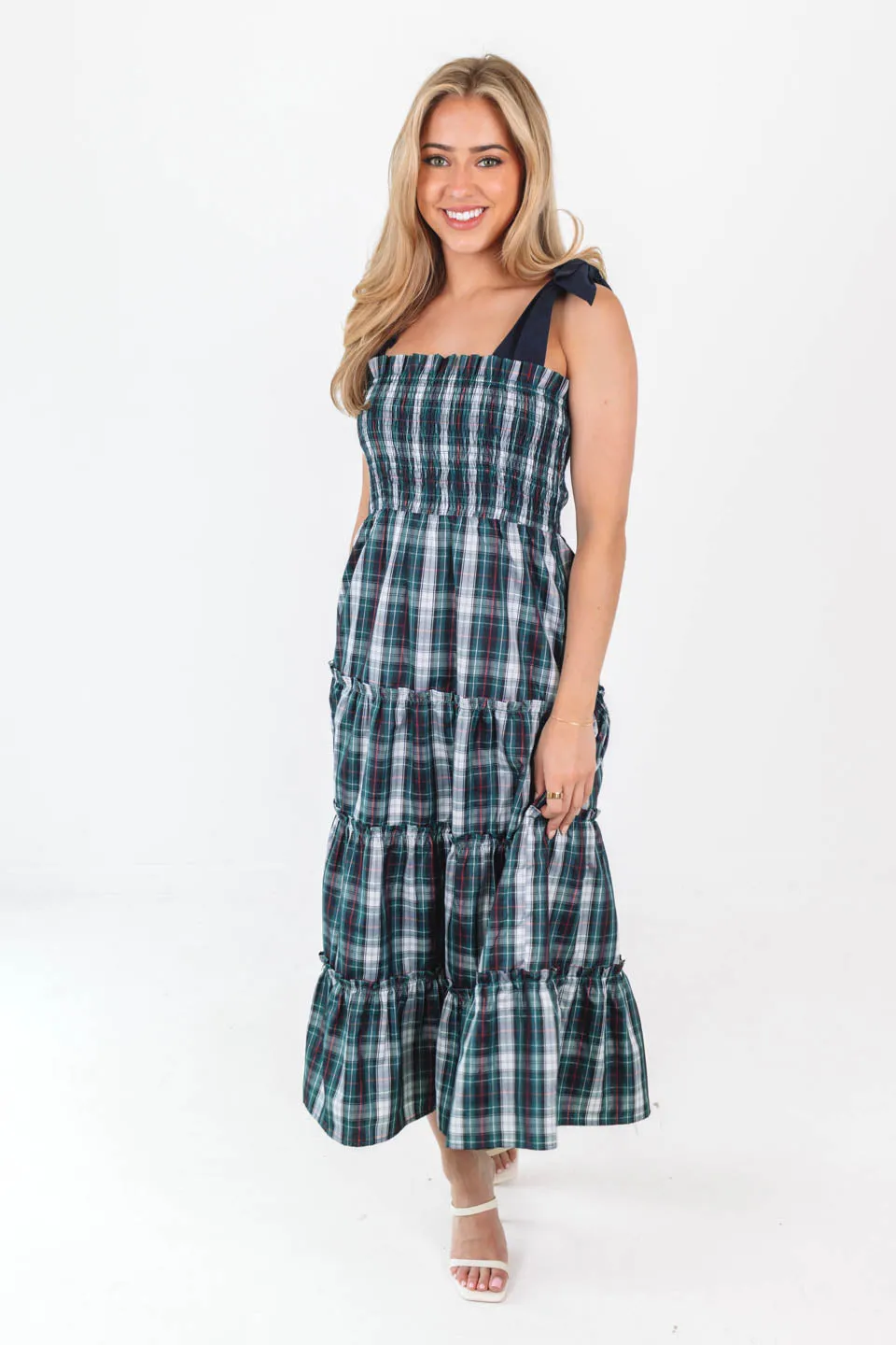 The Shelley Tie Strap Midi Dress - Navy Plaid