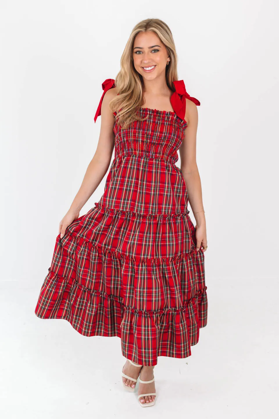 The Tamara Tie Strap Midi Dress - Red Plaid