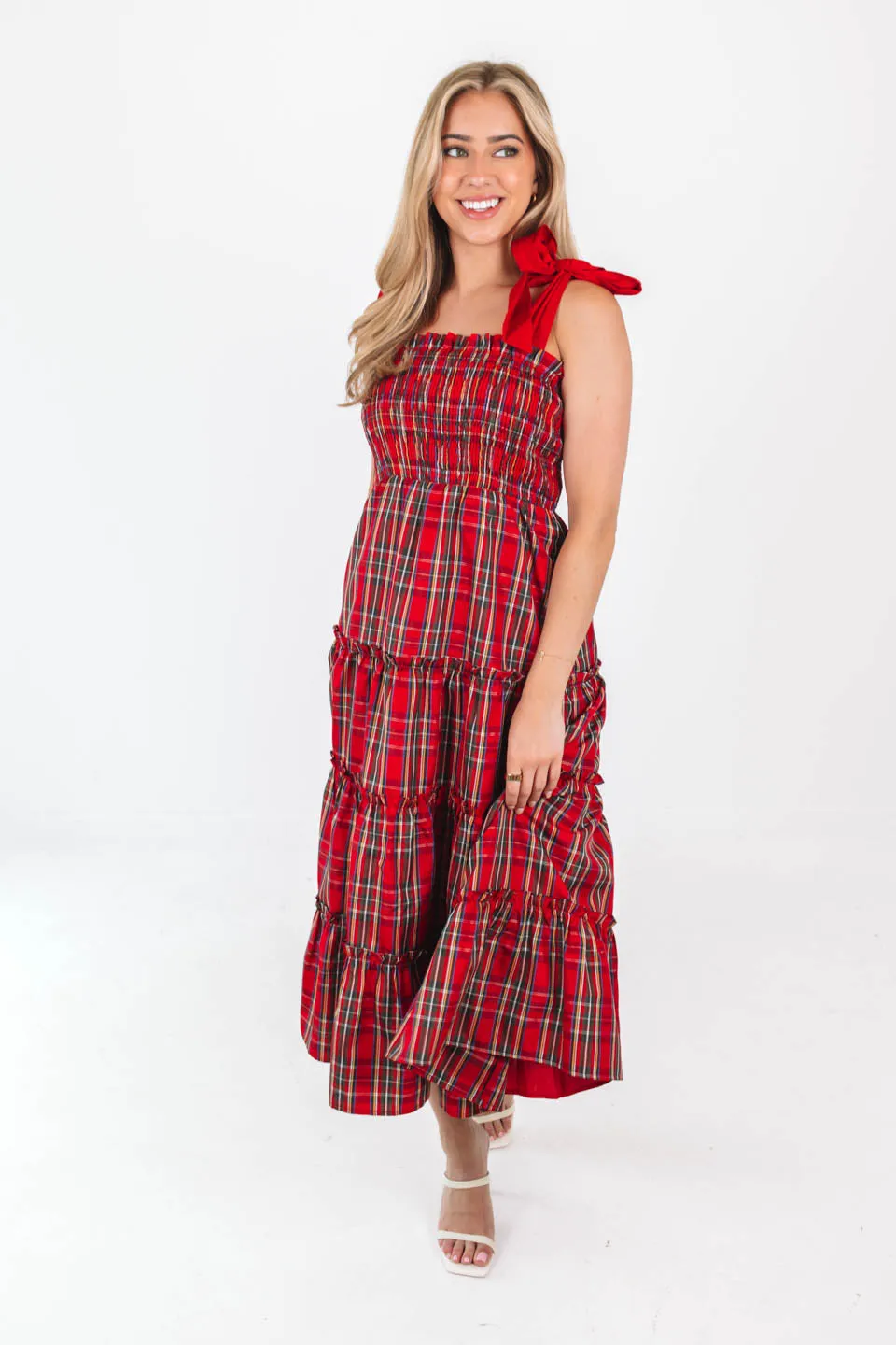 The Tamara Tie Strap Midi Dress - Red Plaid