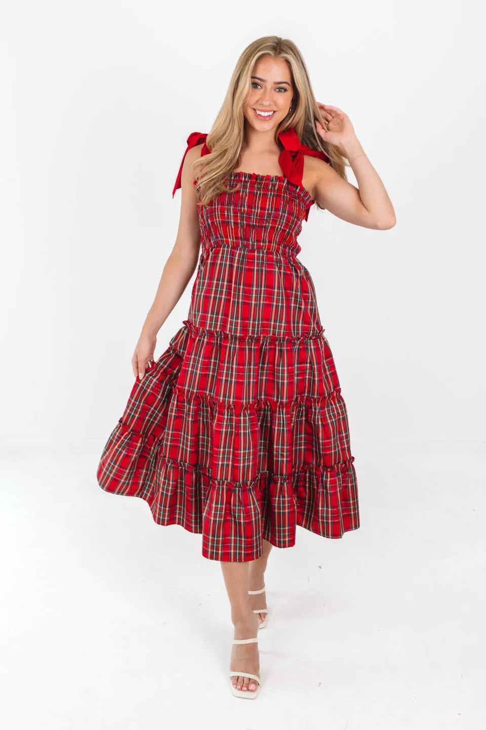 The Tamara Tie Strap Midi Dress - Red Plaid