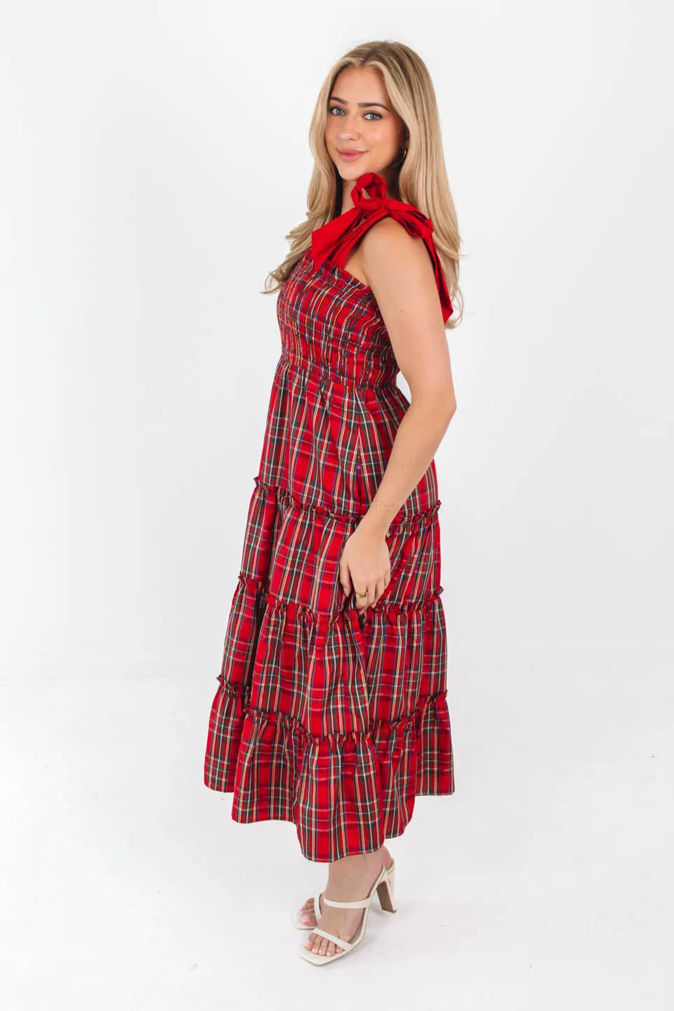 The Tamara Tie Strap Midi Dress - Red Plaid