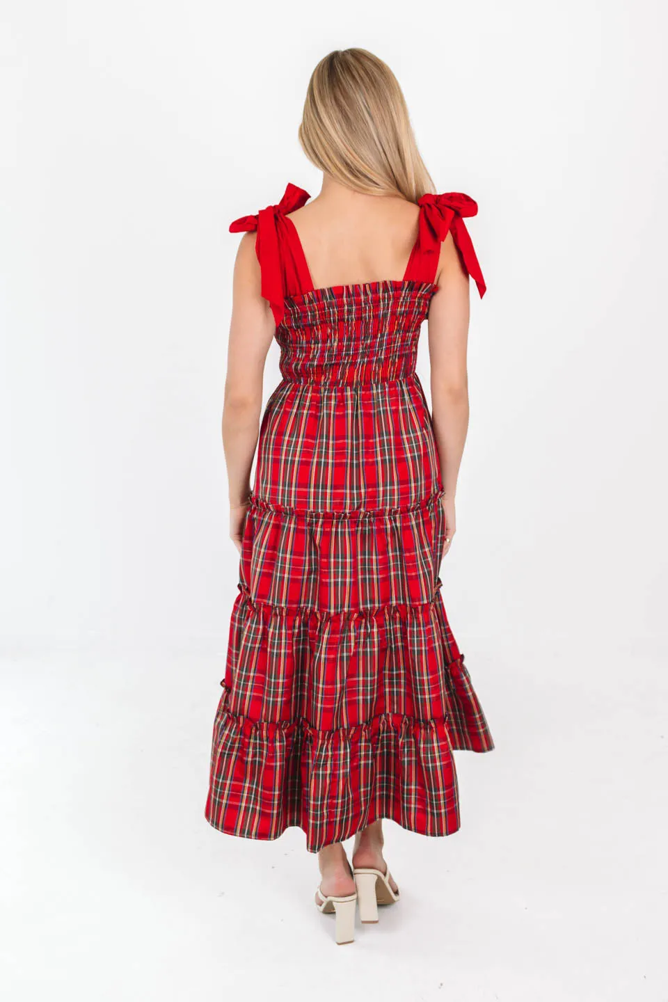 The Tamara Tie Strap Midi Dress - Red Plaid