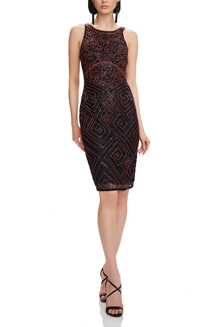 Theia Boat Neck Sleeveless Zipper Back Beaded Mesh Dress