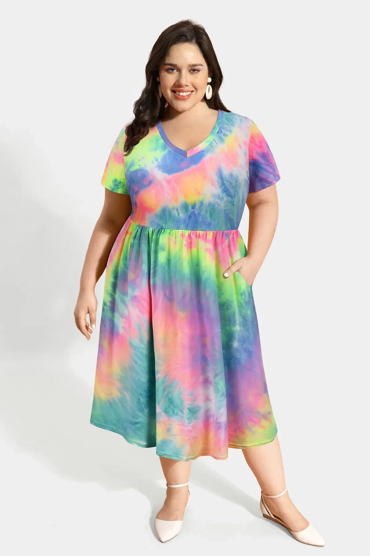 Tie Dye Elastic Waist Pleated V Neck Midi Dress