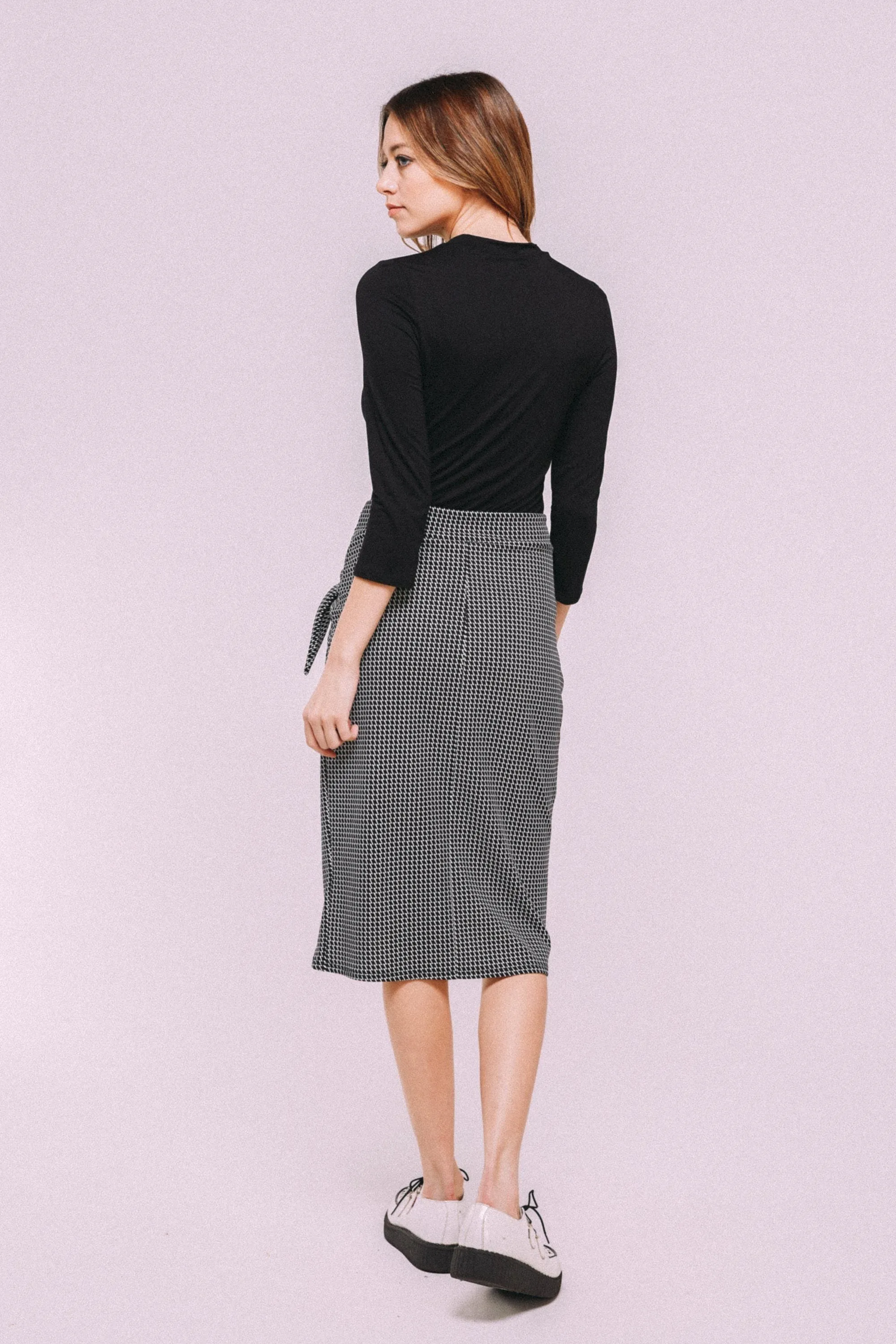 Tie tulip pencil skirt-BLACK WHITE