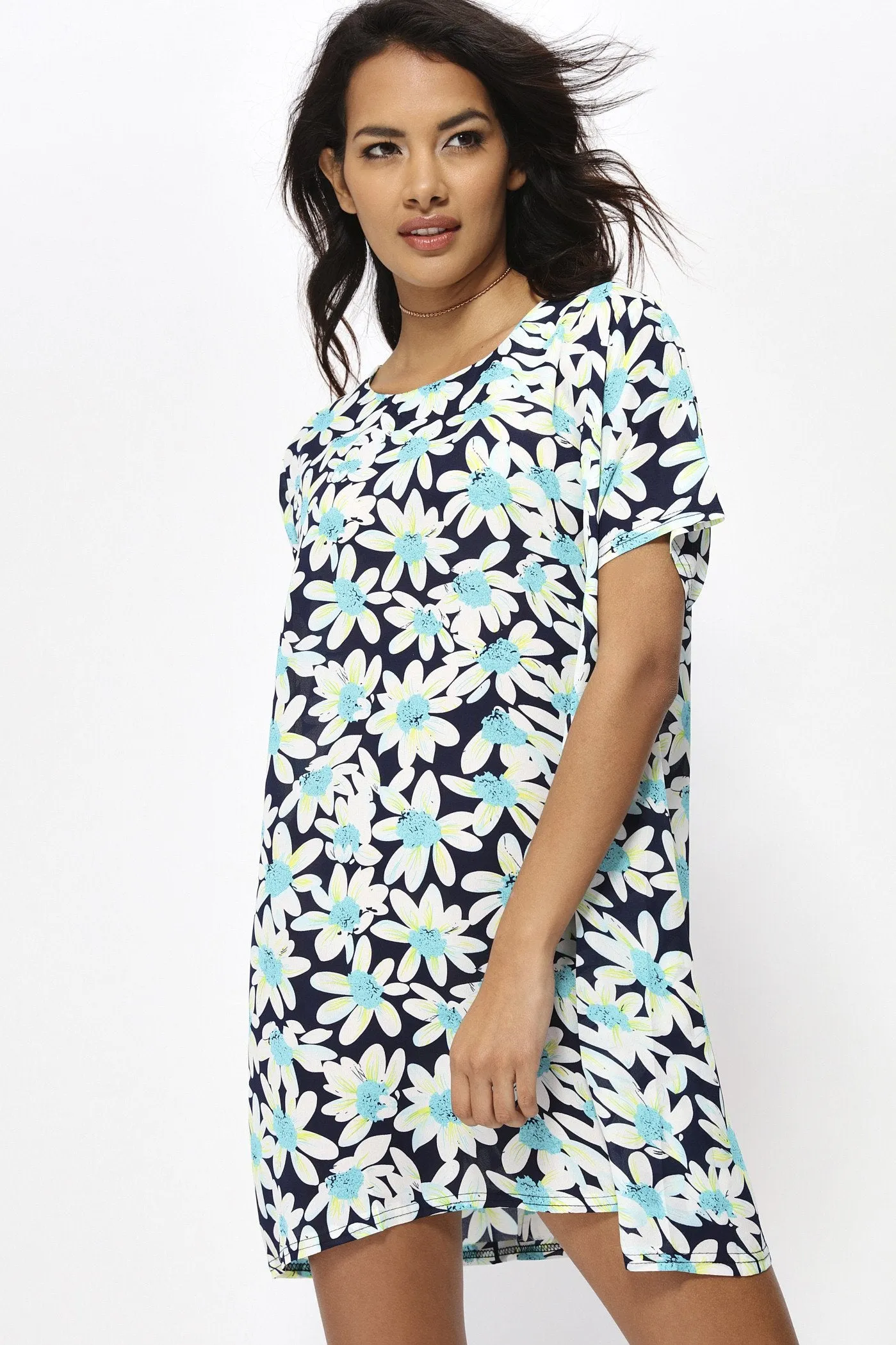 Turquoise Daisy Print Tunic Dress