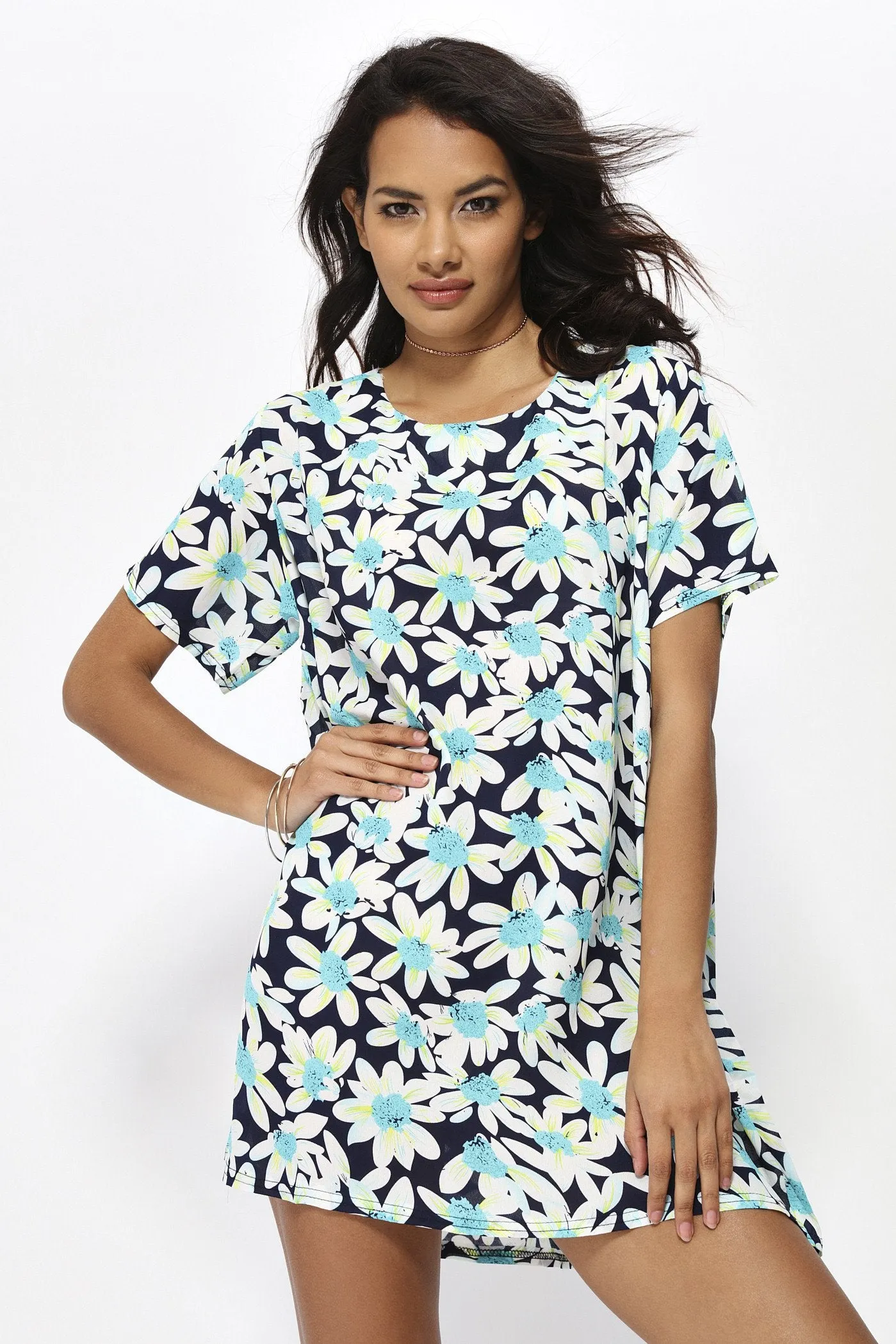 Turquoise Daisy Print Tunic Dress