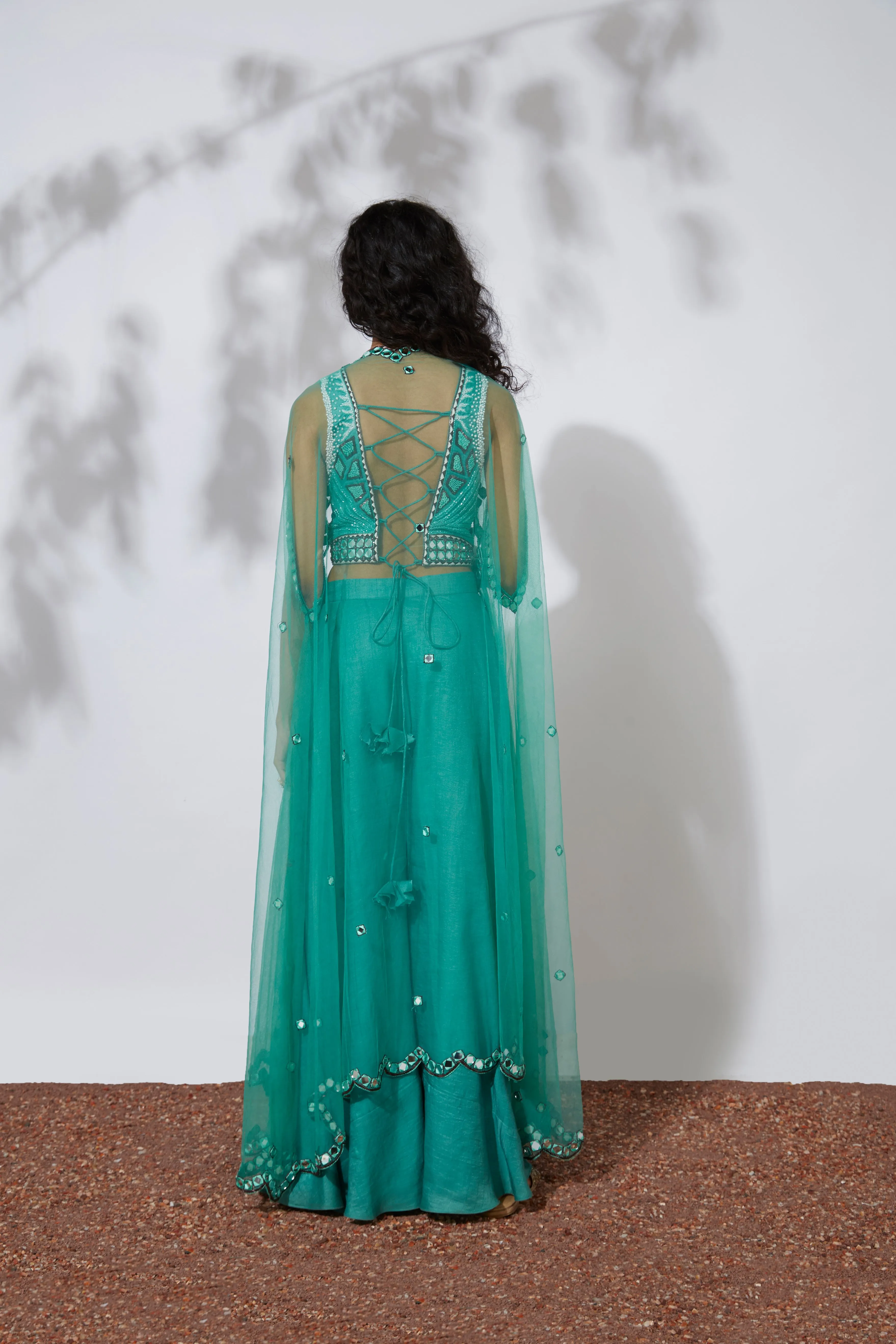 Turquoise Palazzo Pant With Embroidered Choli & Net Cape Set