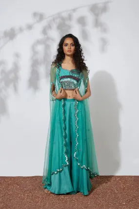 Turquoise Palazzo Pant With Embroidered Choli & Net Cape Set