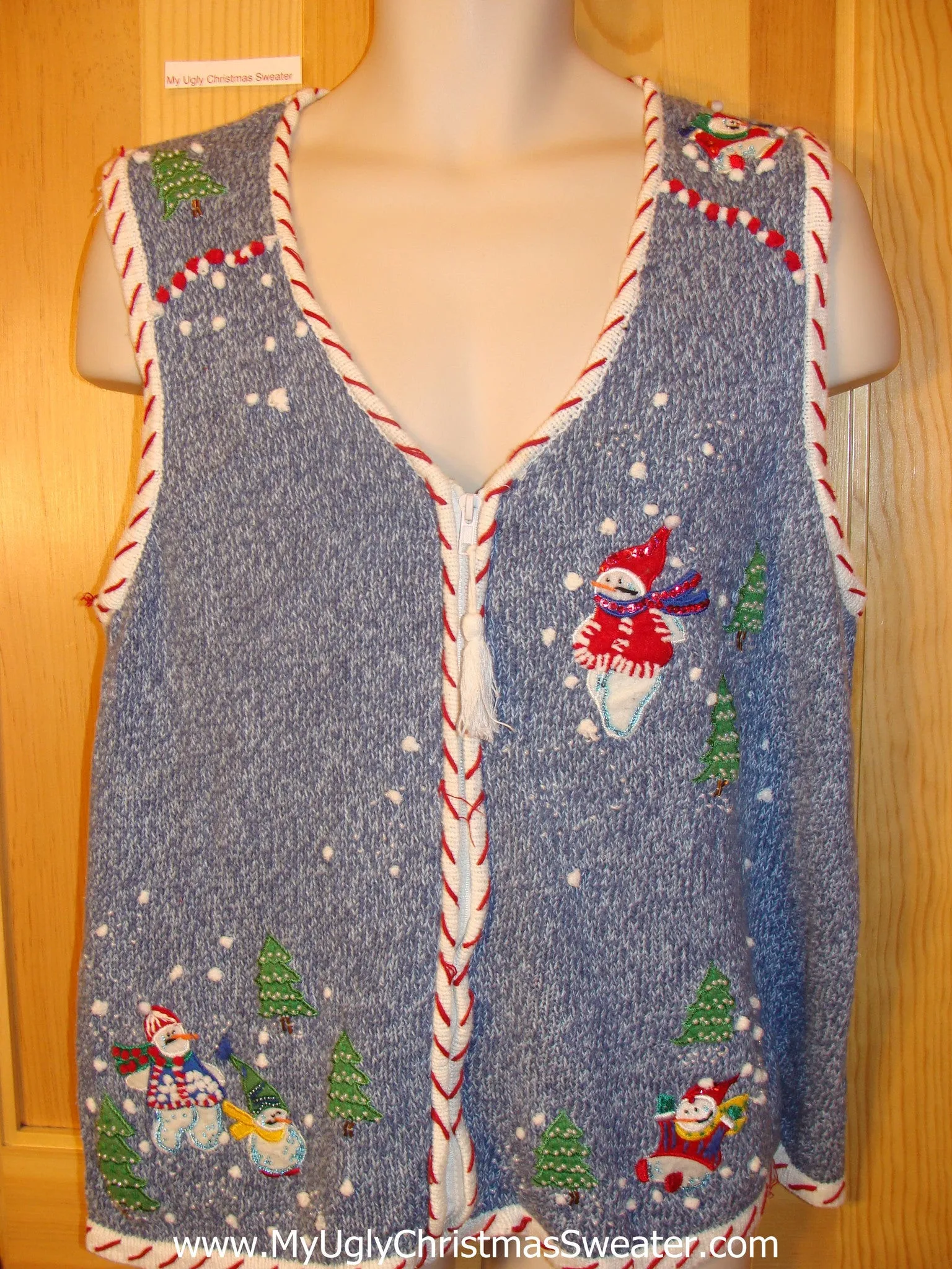 Ugly Christmas Sweater Vest Snowmen Candycane Trim