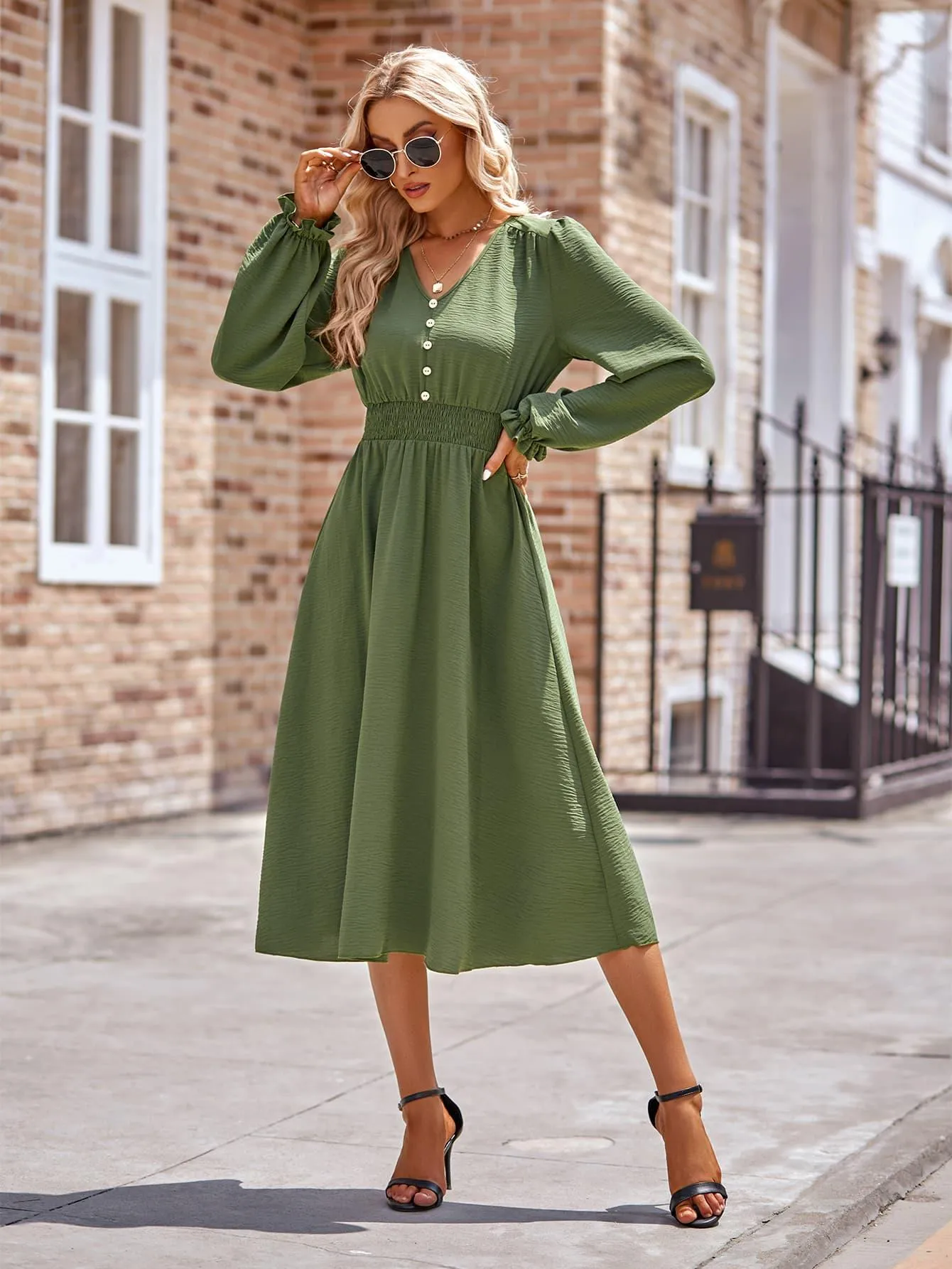 V-Neck Flounce Sleeve Midi Dress