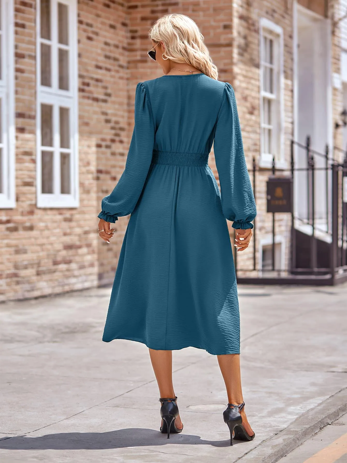 V-Neck Flounce Sleeve Midi Dress