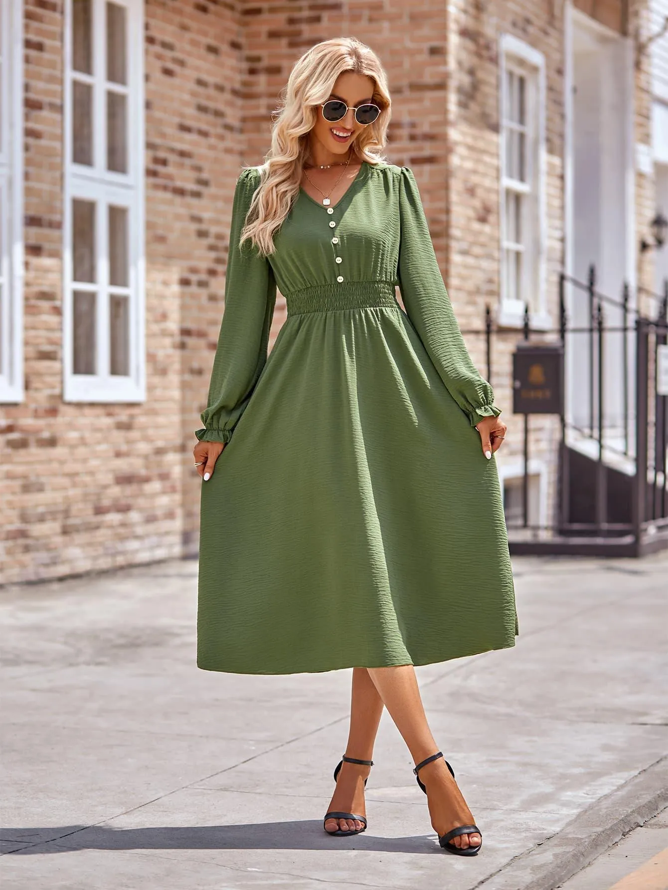 V-Neck Flounce Sleeve Midi Dress