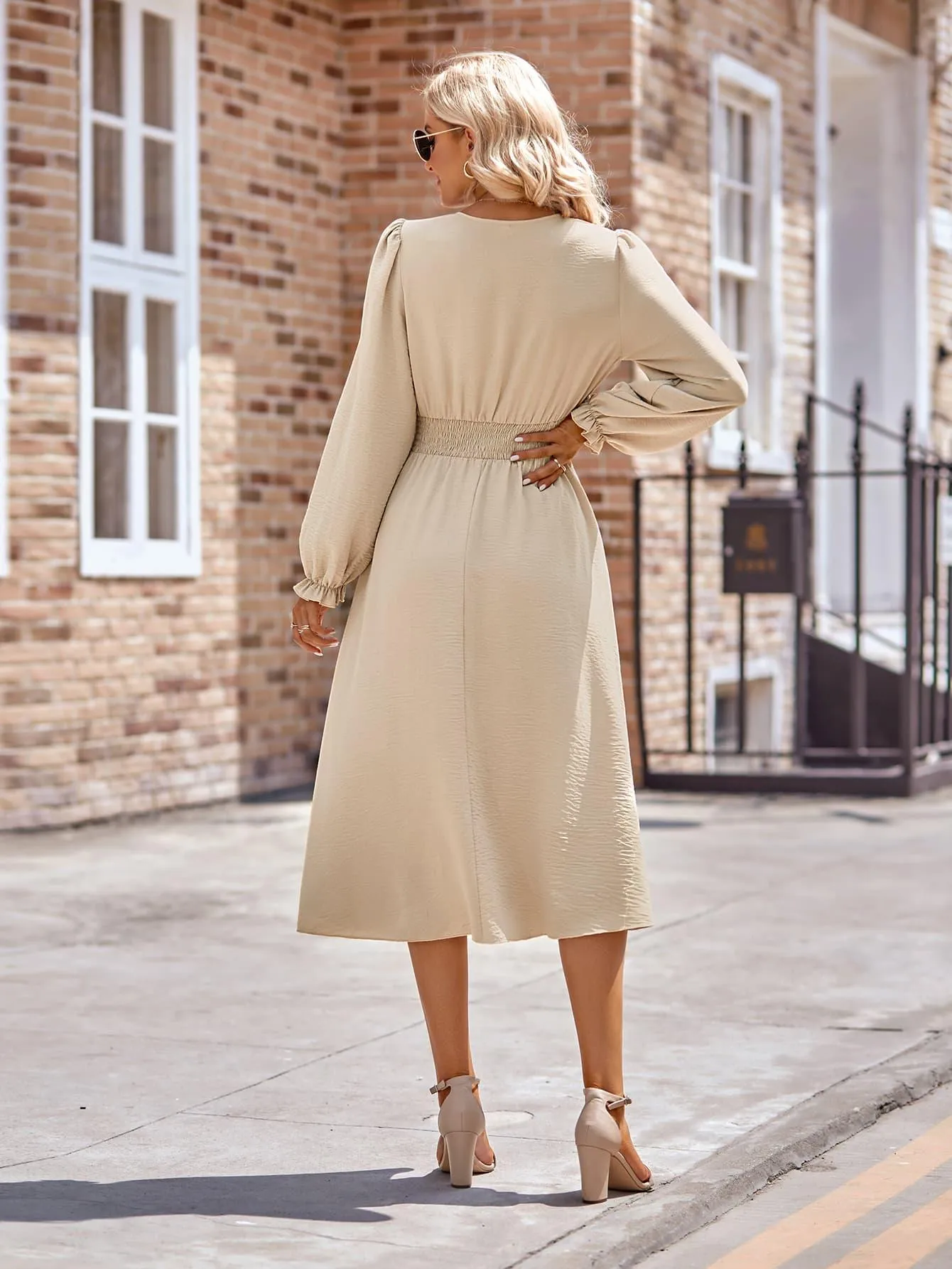 V-Neck Flounce Sleeve Midi Dress