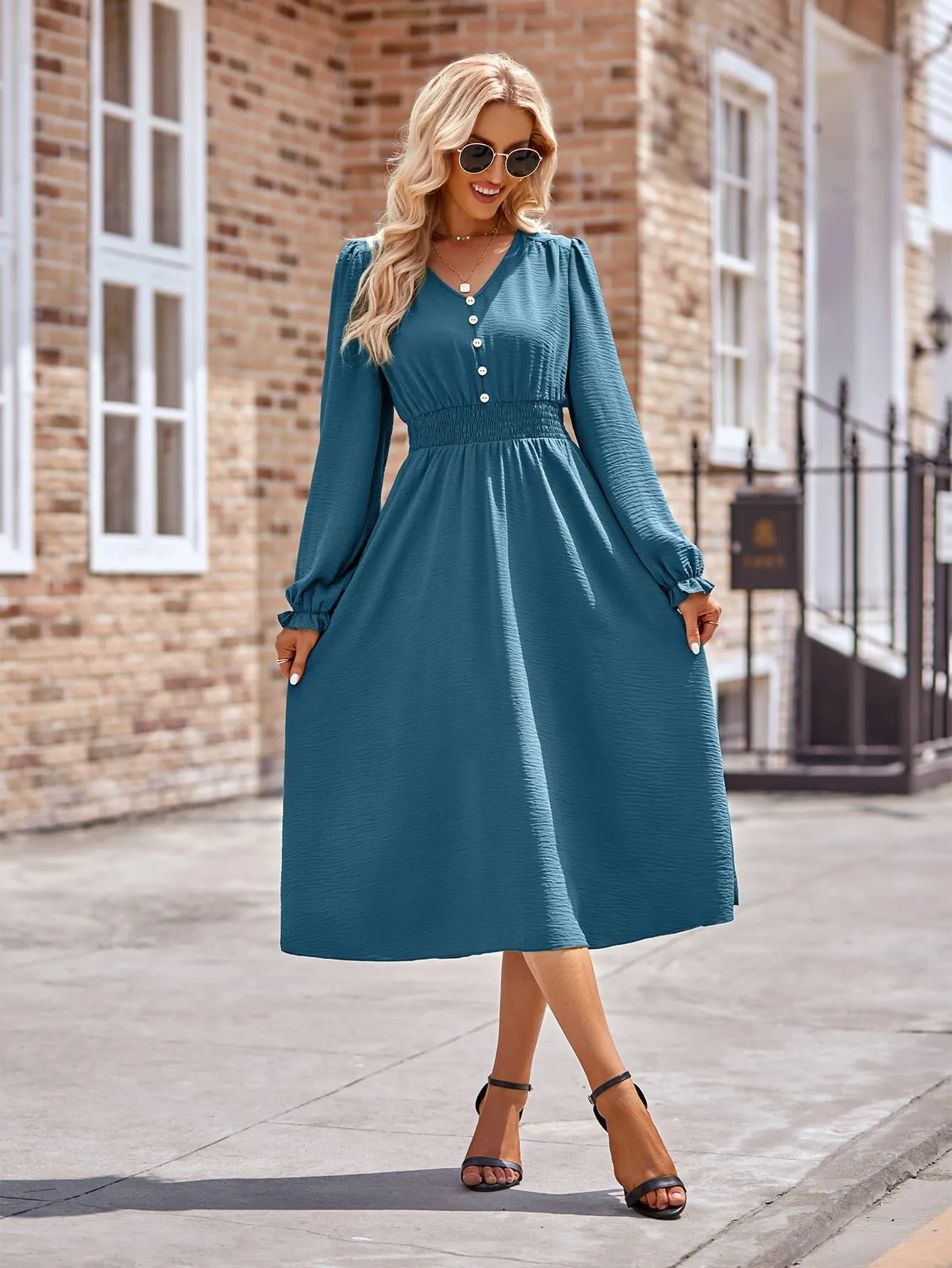 V-Neck Flounce Sleeve Midi Dress