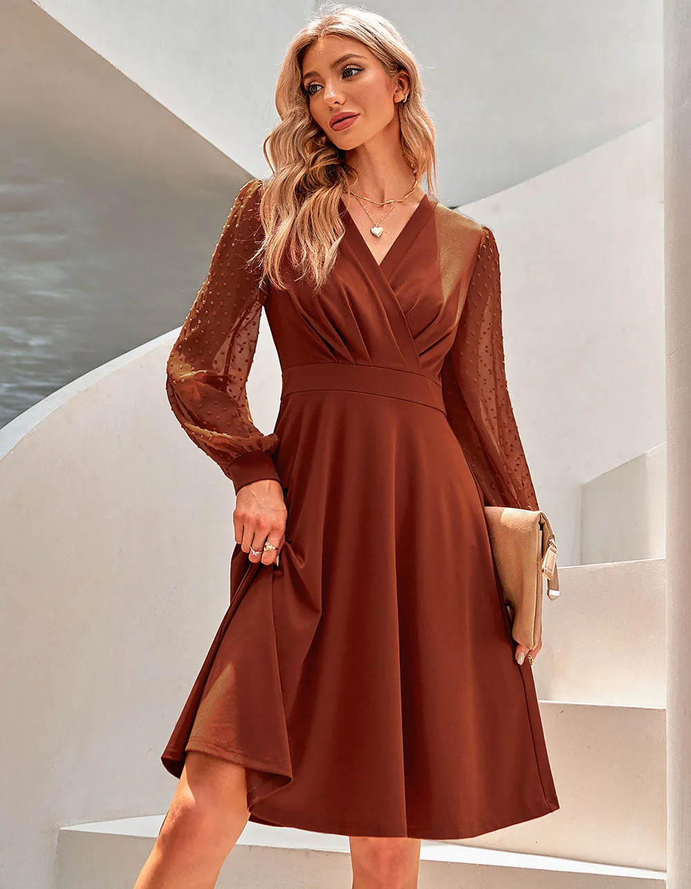 V-neck Solid-color Jacquard Long Sleeve A Line Dresses