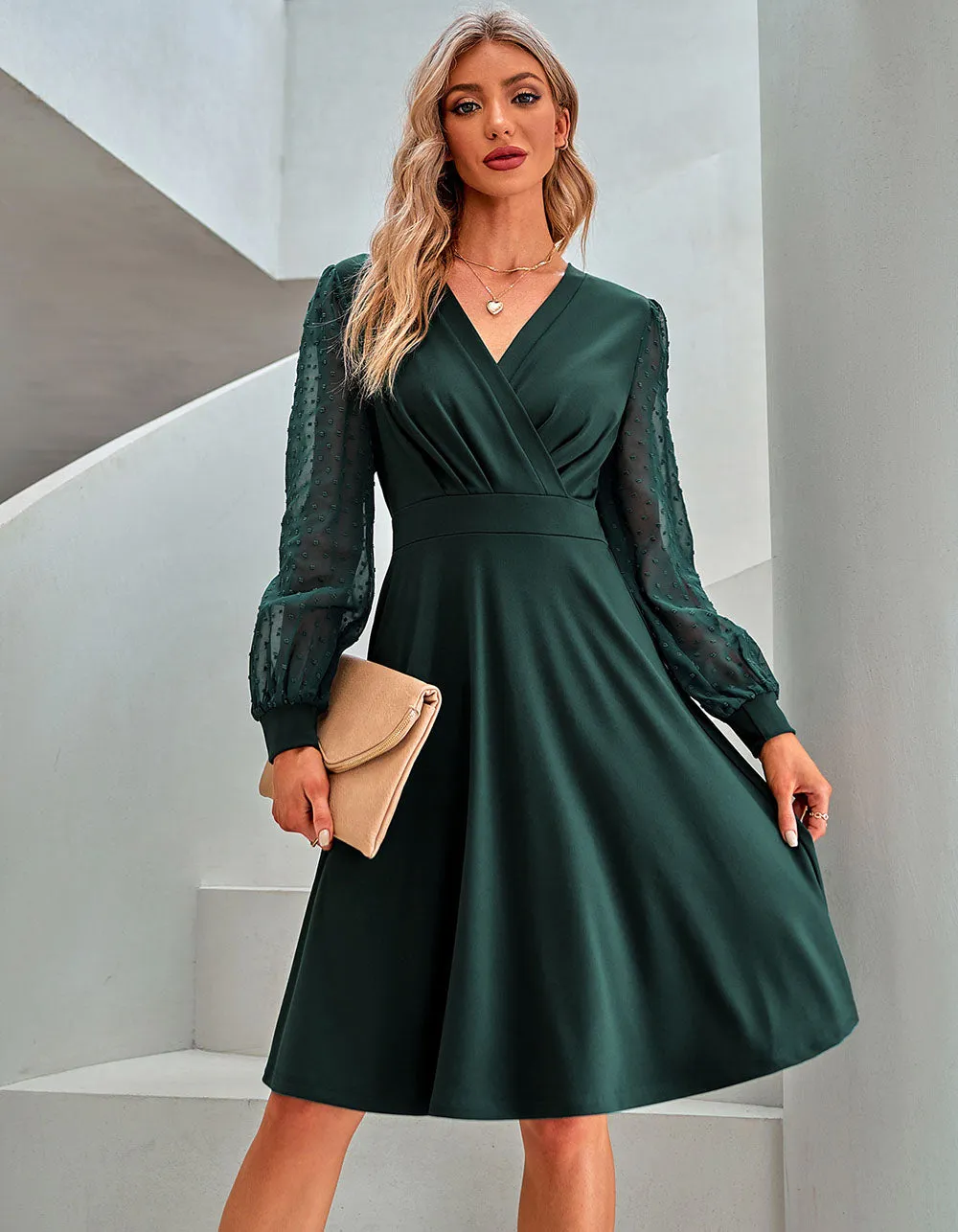 V-neck Solid-color Jacquard Long Sleeve A Line Dresses