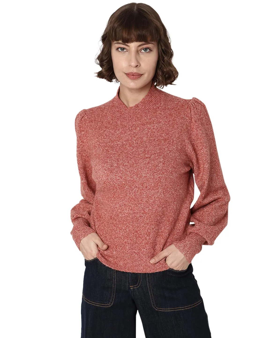 VERO MODA Women's Polyester High Neck Pullover Sweater (Red Ochre)