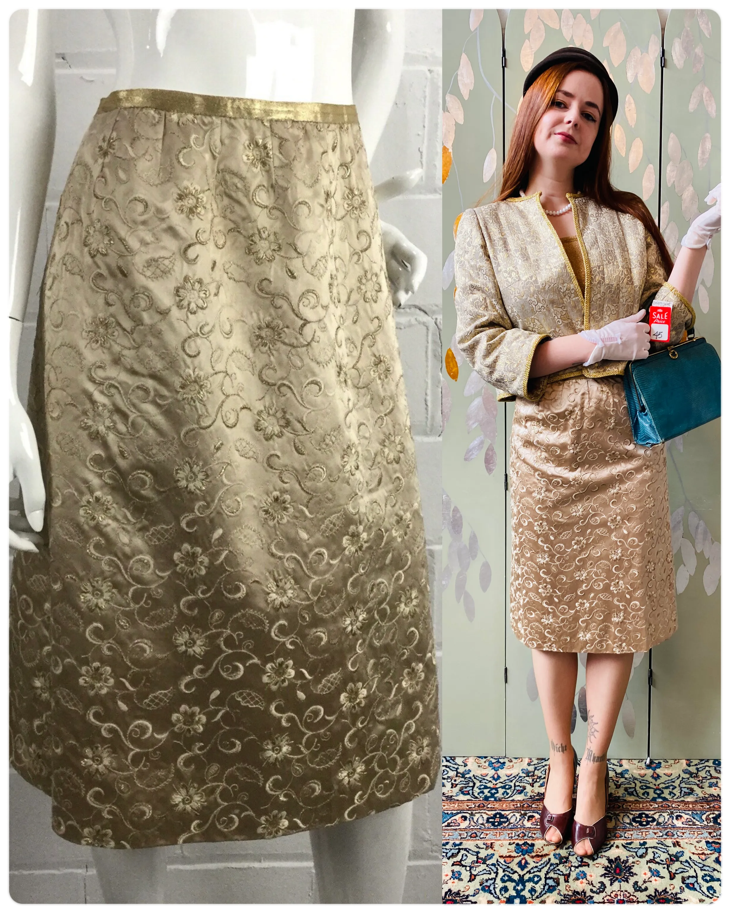 Vintage 1960s Champagne Gold Metallic Floral Embroidered Silk Pencil Skirt, W24"