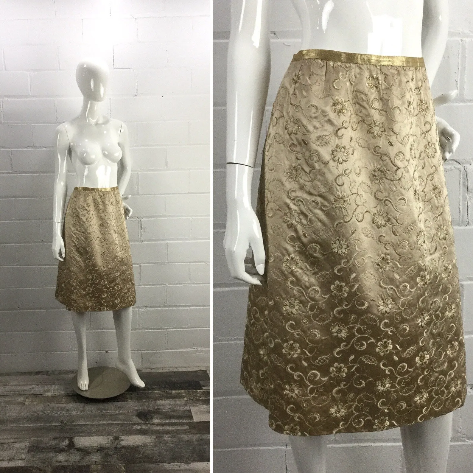 Vintage 1960s Champagne Gold Metallic Floral Embroidered Silk Pencil Skirt, W24"