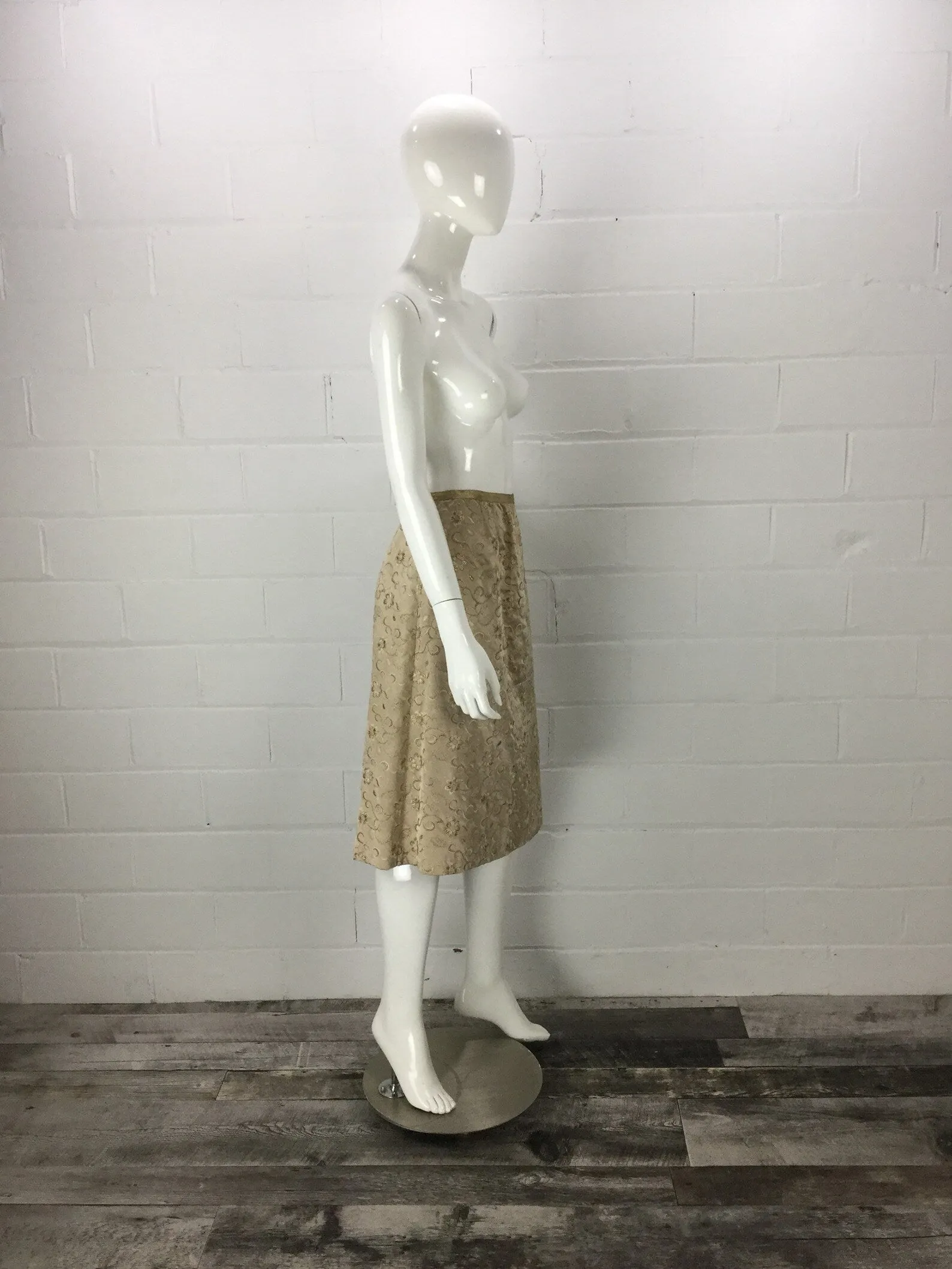 Vintage 1960s Champagne Gold Metallic Floral Embroidered Silk Pencil Skirt, W24"