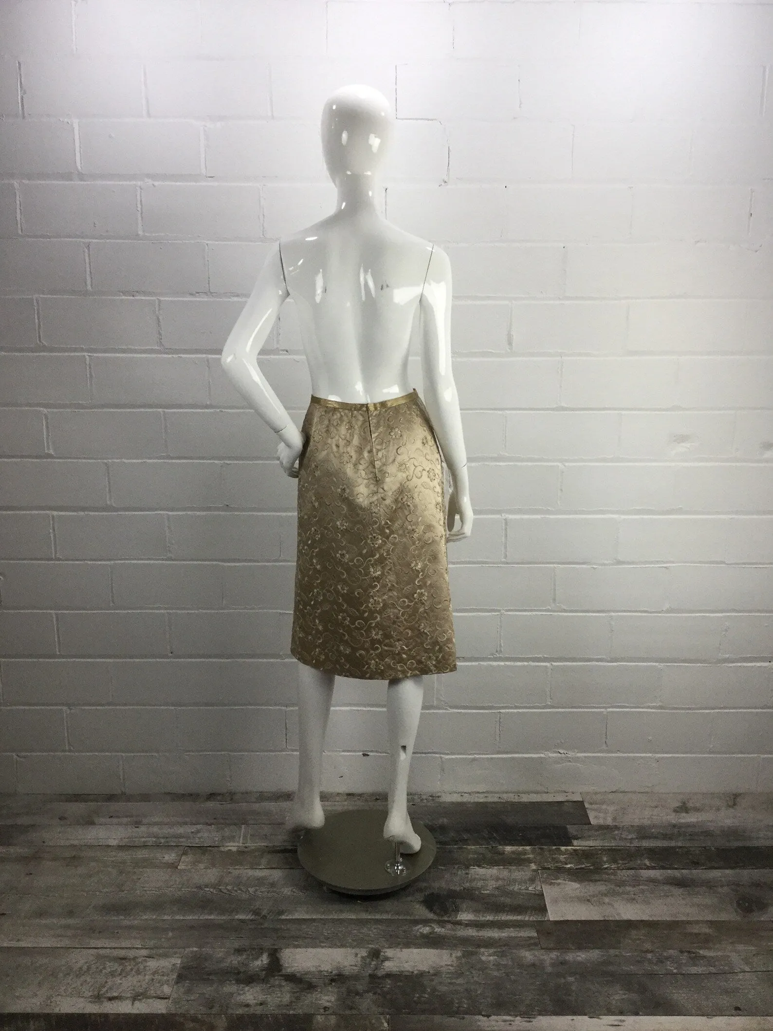 Vintage 1960s Champagne Gold Metallic Floral Embroidered Silk Pencil Skirt, W24"