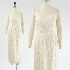 Vintage 80s does 60s Cream Lace Maxi Dress Spaghetti Strap Pencil Sheath Long Wedding Dress size XS