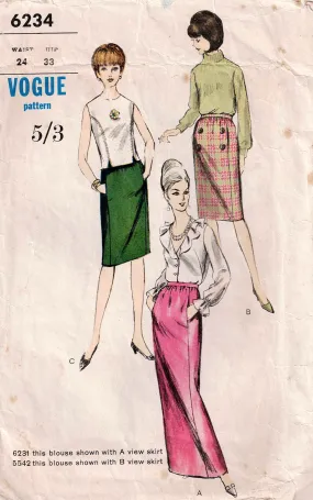 Vogue 6234 Womens Pencil Skirts 1960s Vintage Sewing Pattern Waist 24 inches