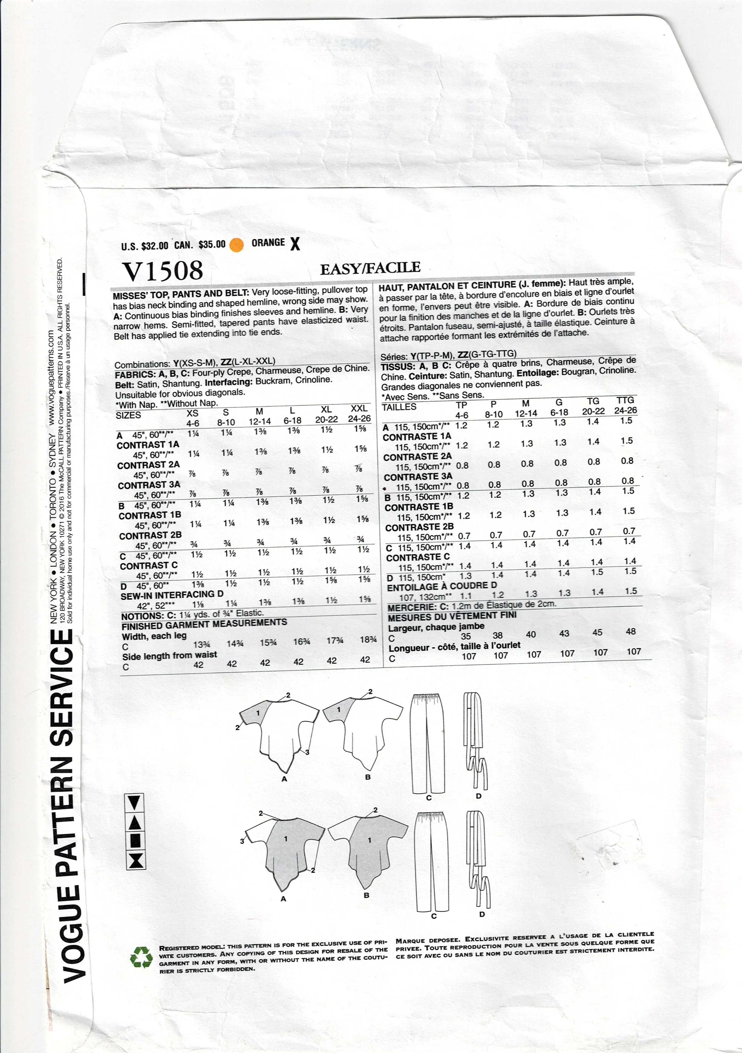 Vogue Designer Original 1508 ZANDRA RHODES Asymmetric Evening Top & Pants Out Of Print Sewing Pattern Sizes L - XL UNCUT Factory Folded