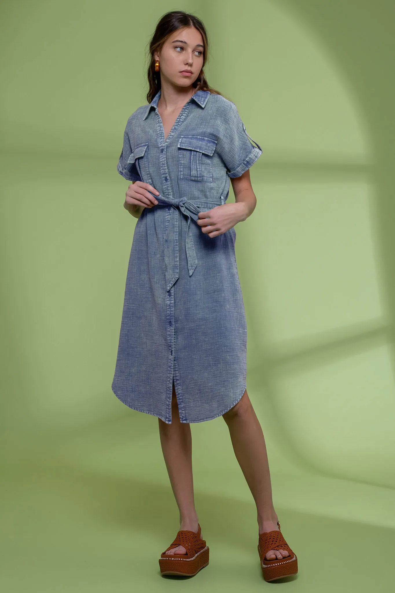 WASHED BUTTON DOWN BELTED MIDI DRESS