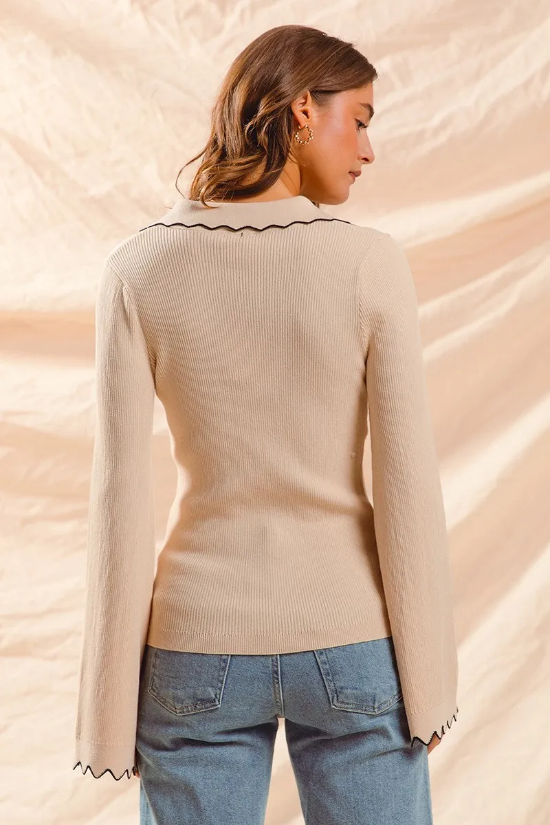 Wavy Scallop Edge Stretchy Rib Knit Top