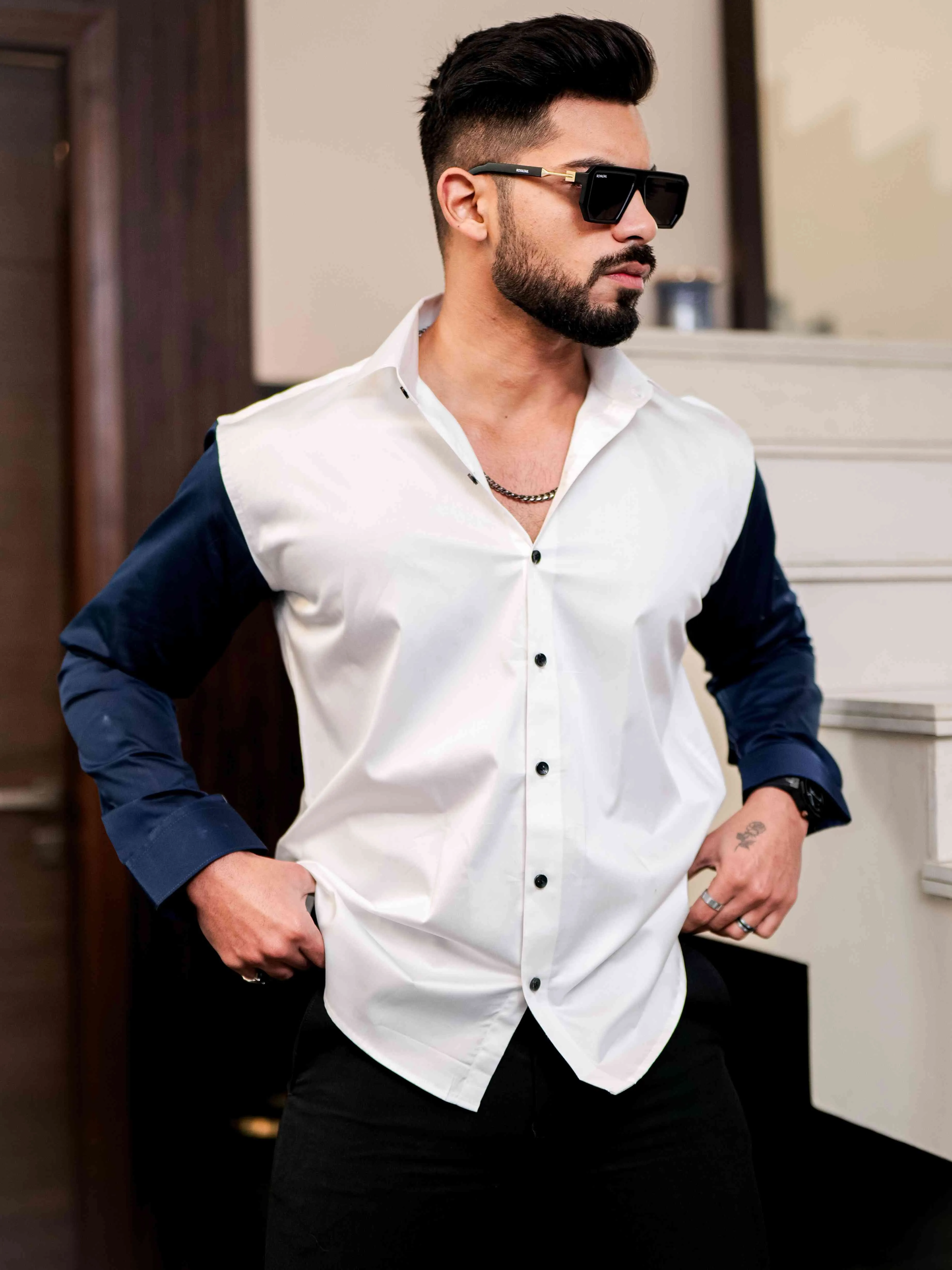 White And Blue Satin Cotton Cut N Sew Designer Shirt