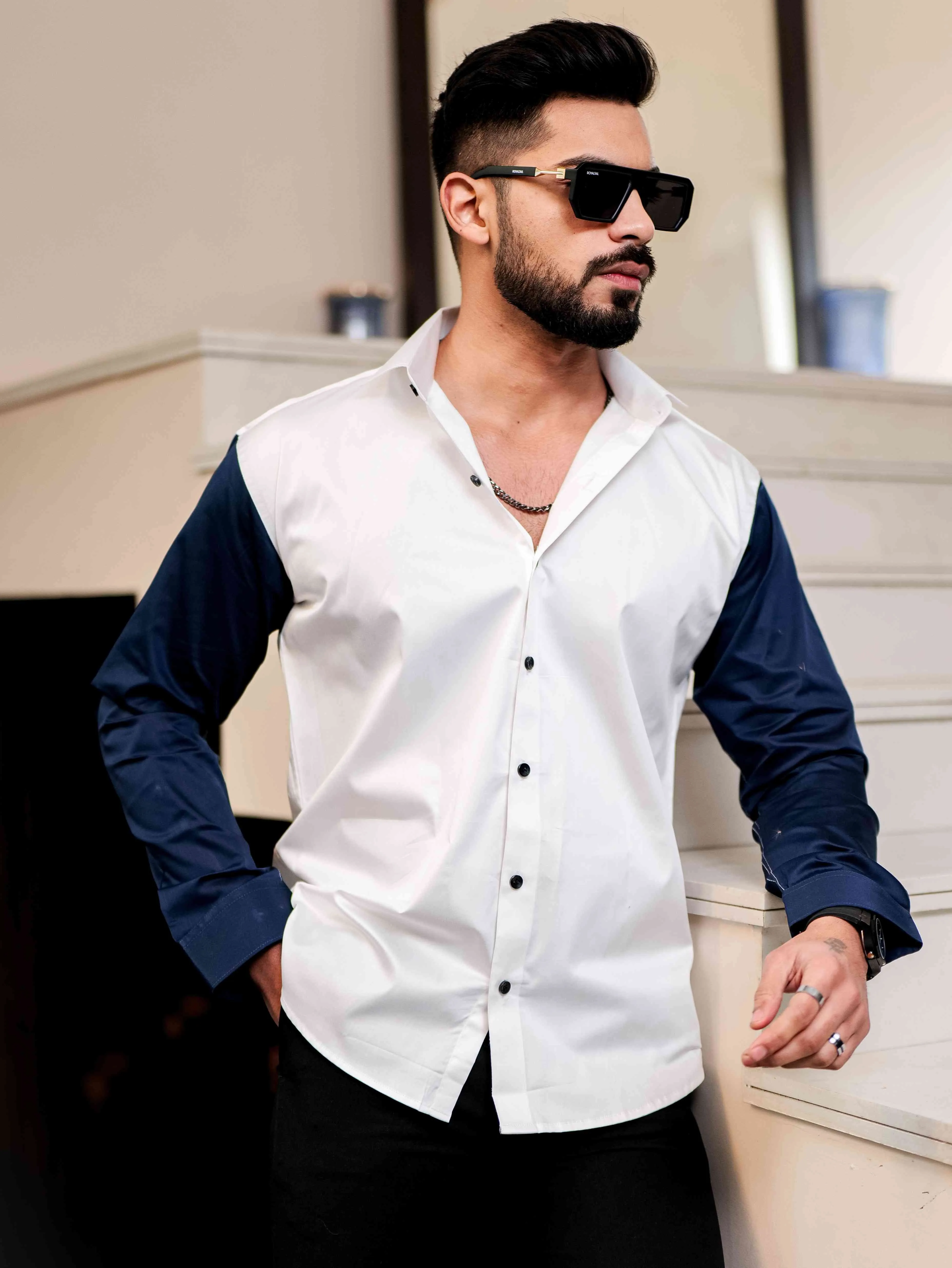 White And Blue Satin Cotton Cut N Sew Designer Shirt