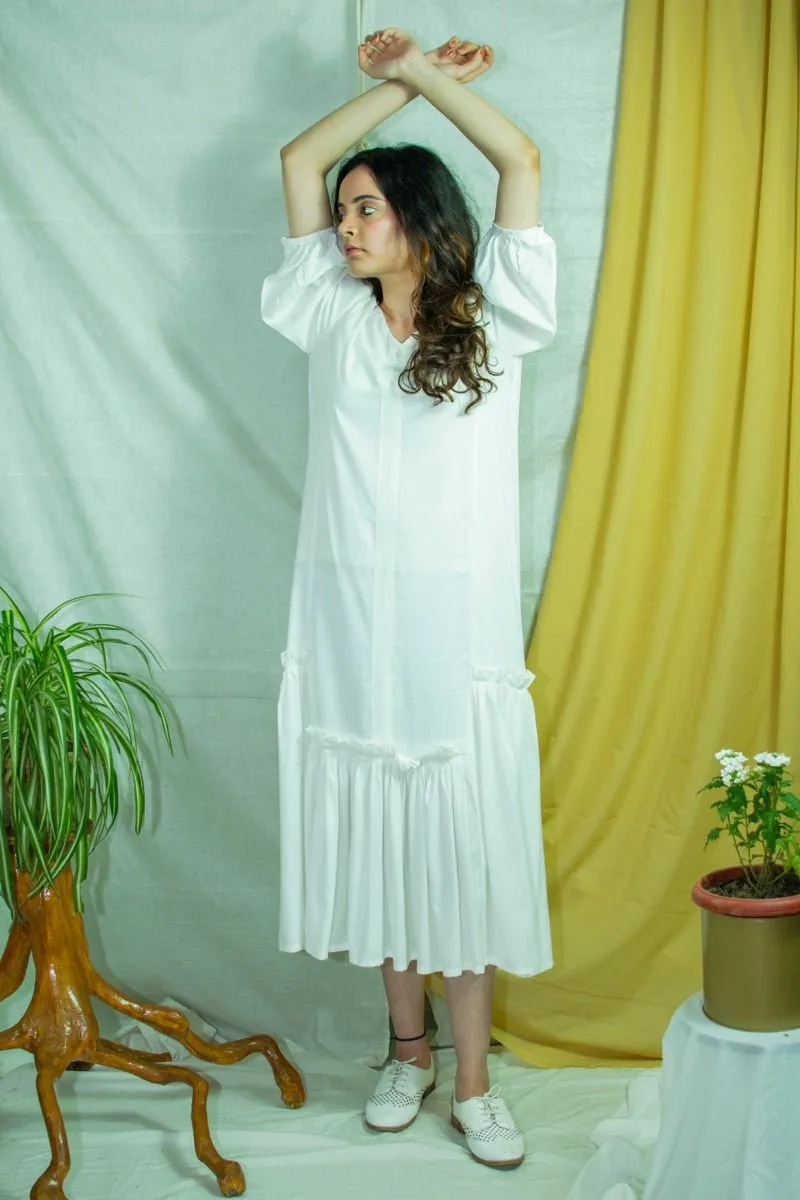 White bamboo fabric V-neck dress