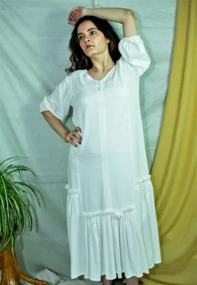 White bamboo fabric V-neck dress