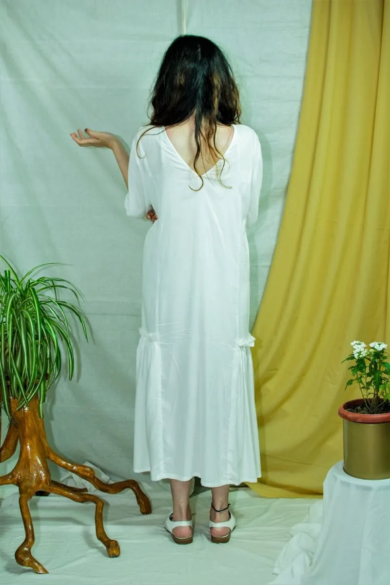 White bamboo fabric V-neck dress