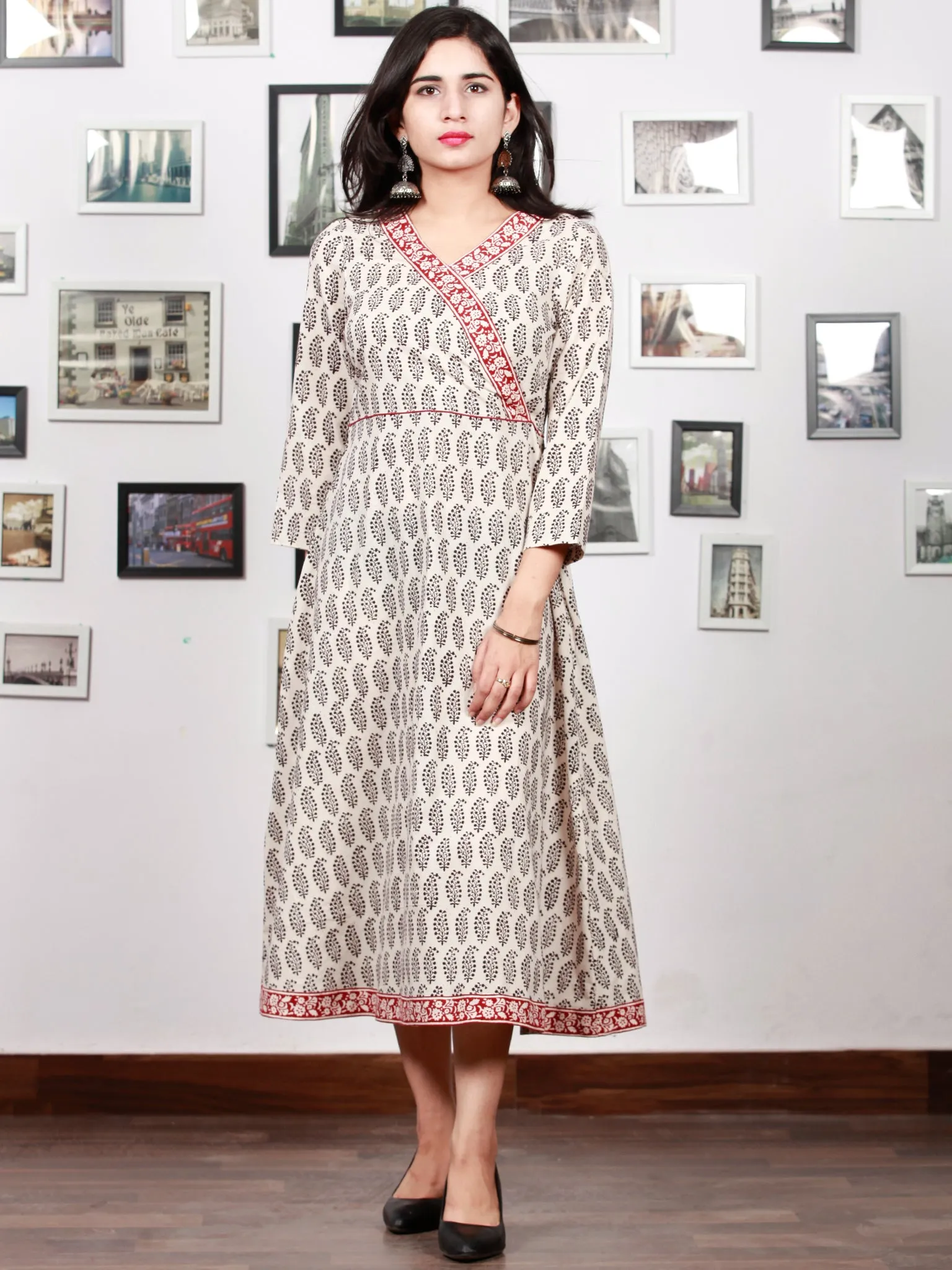 White Red Black Bagh Printed Cotton Midi Length Angrakha Dress  - D299F1702